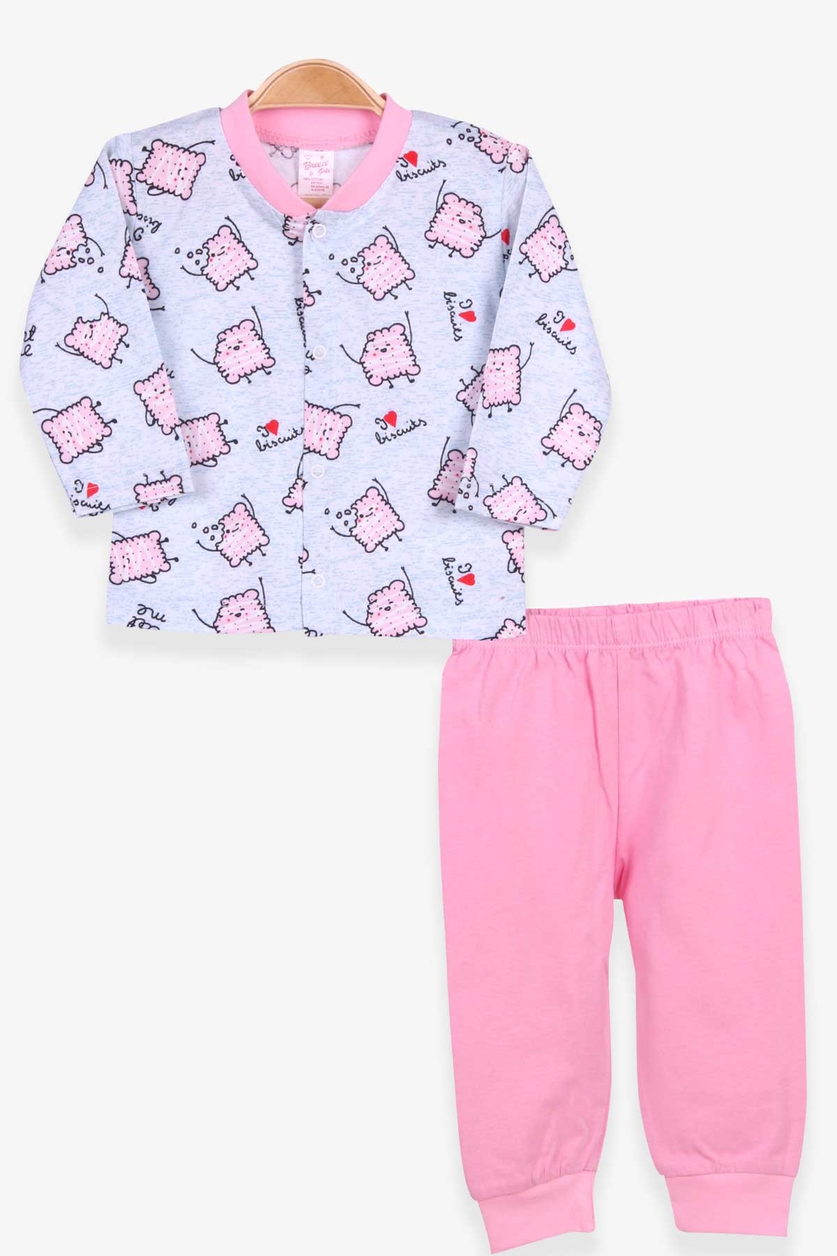 Breeze Kız Bebek Pijama Takımı Bisküvi Desenli Buz Mavisi (4 Ay-1 Yaş)