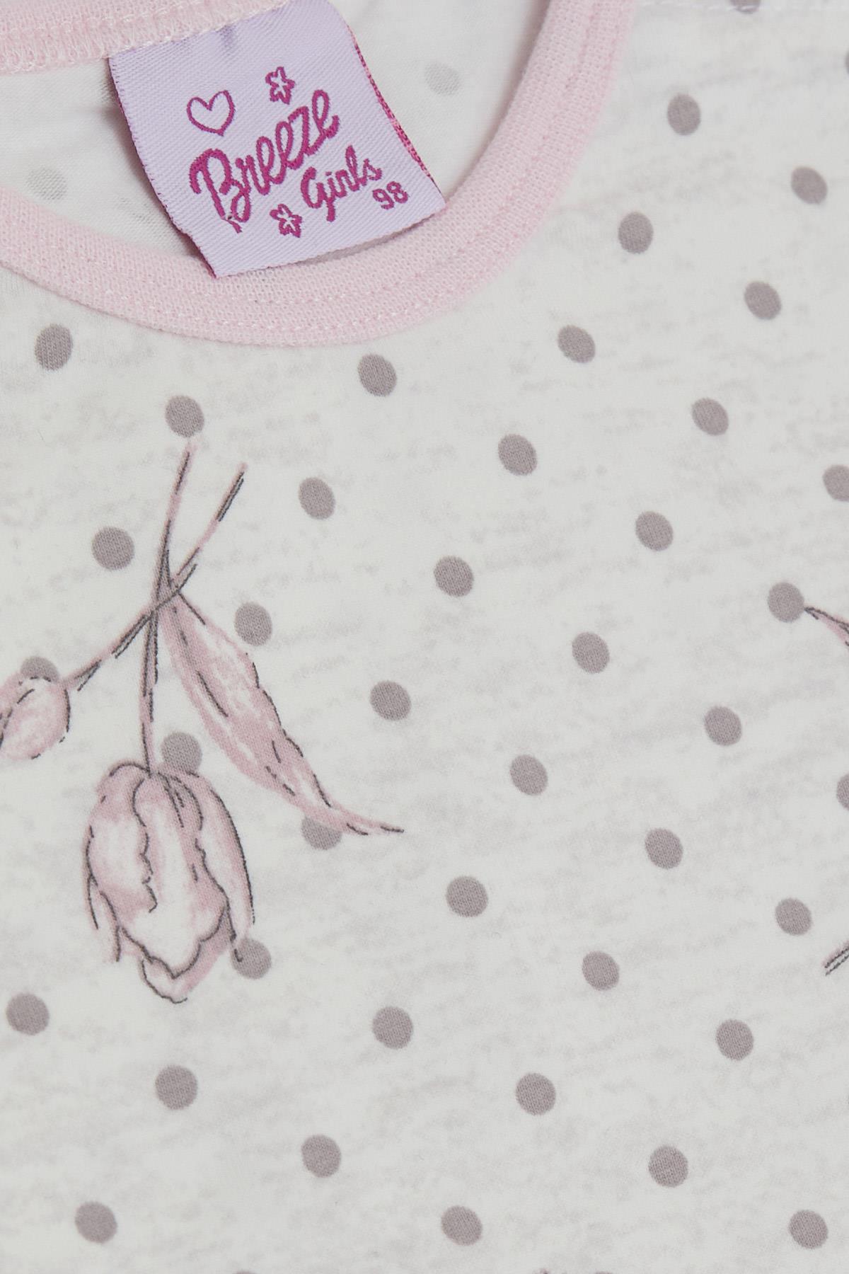 Breeze Kız Bebek Pijama Takımı Çiçekli Puantiye Desenli Bej Melanj (9 Ay-3 Yaş)