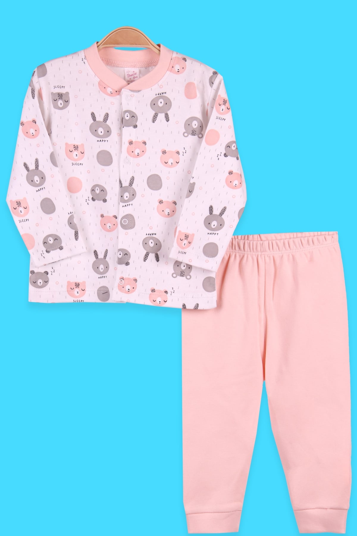 Breeze Kız Bebek Pijama Takımı Çıtçıtlı Ayıcıklı Tavşanlı Somon (0-3 Ay-9 Ay)