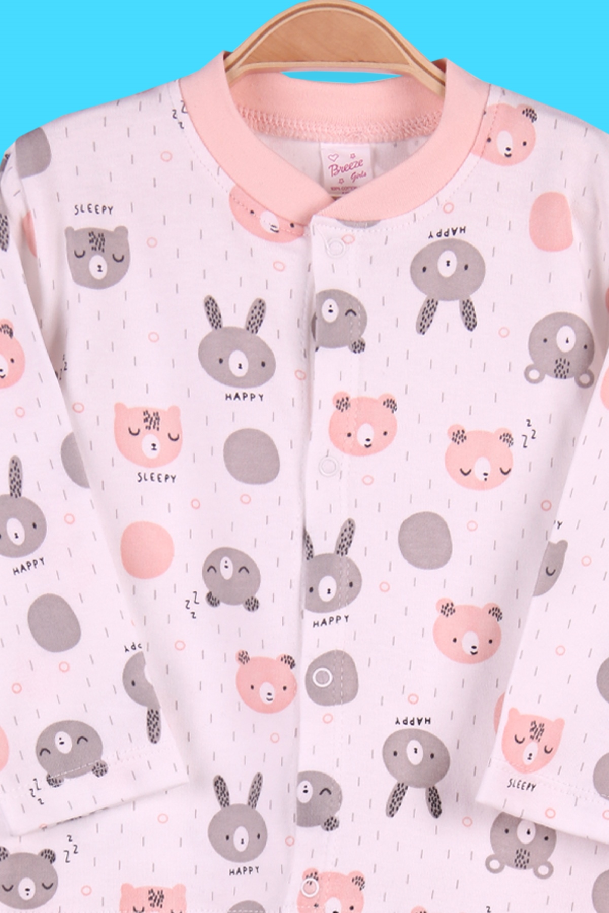 Breeze Kız Bebek Pijama Takımı Çıtçıtlı Ayıcıklı Tavşanlı Somon (0-3 Ay-9 Ay)