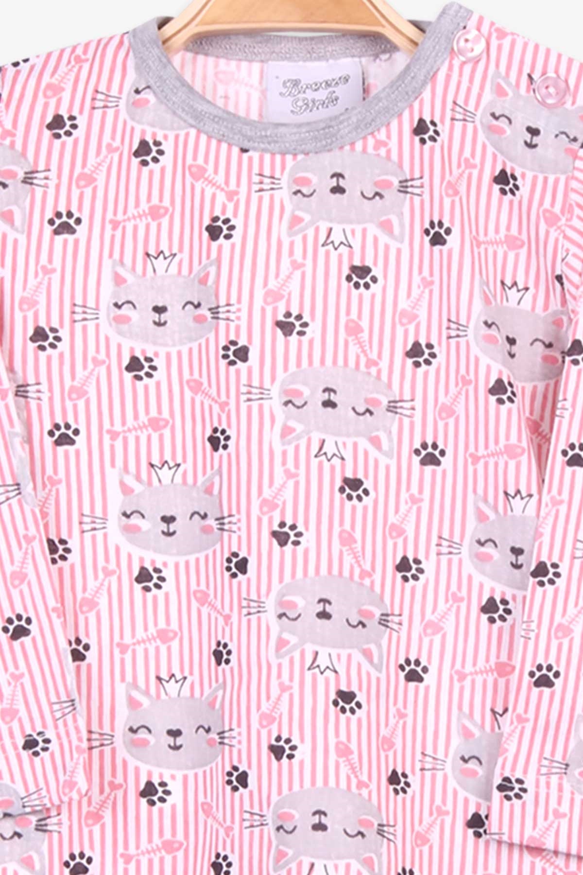 Breeze Kız Bebek Pijama Takımı Çizigili Kedili Pembe (9 Ay-3 Yaş)
