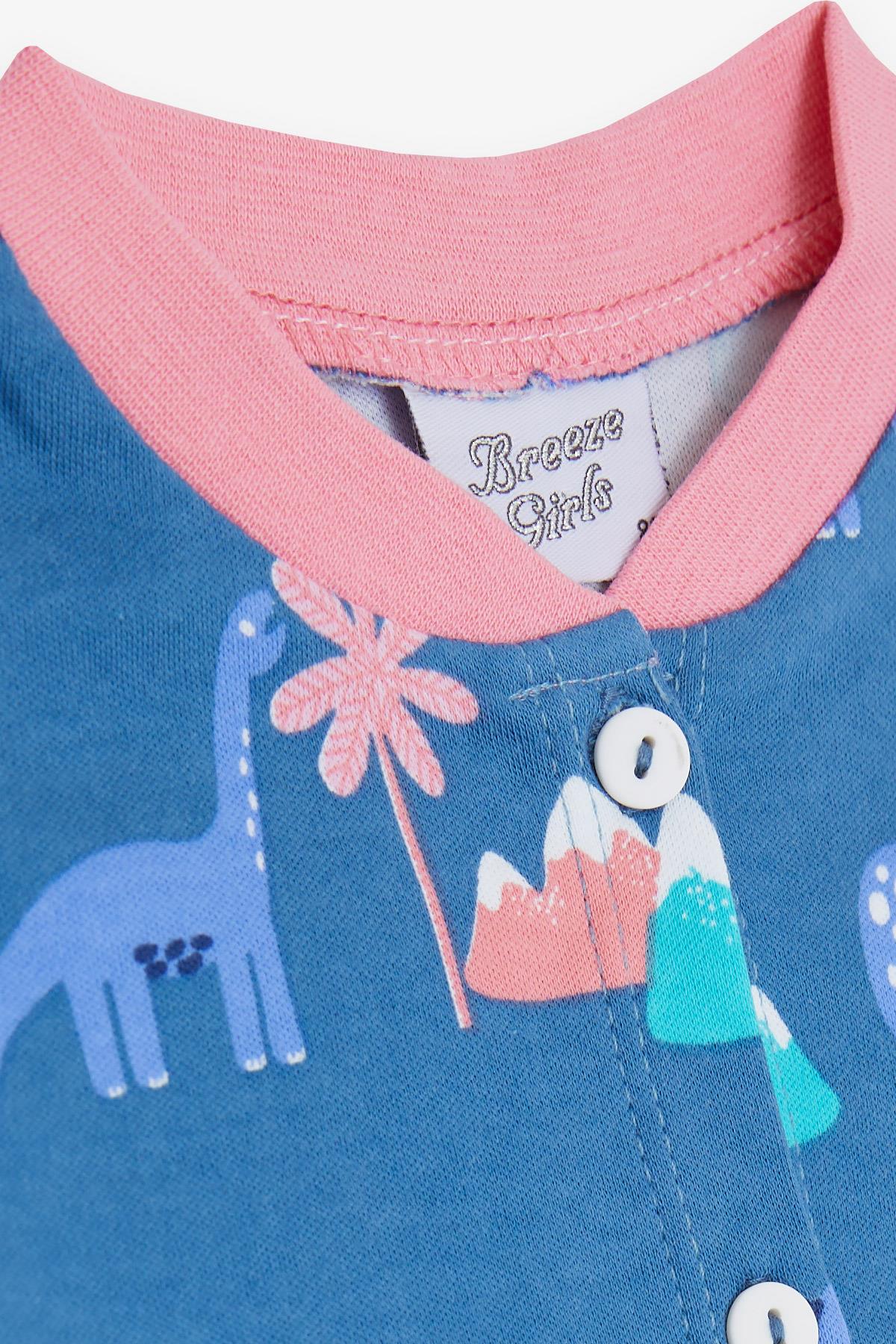 Breeze Kız Bebek Pijama Takımı Dinozor Desenli Palmiye Ağaçlı Koyu Mavi (4 Ay-1 Yaş)