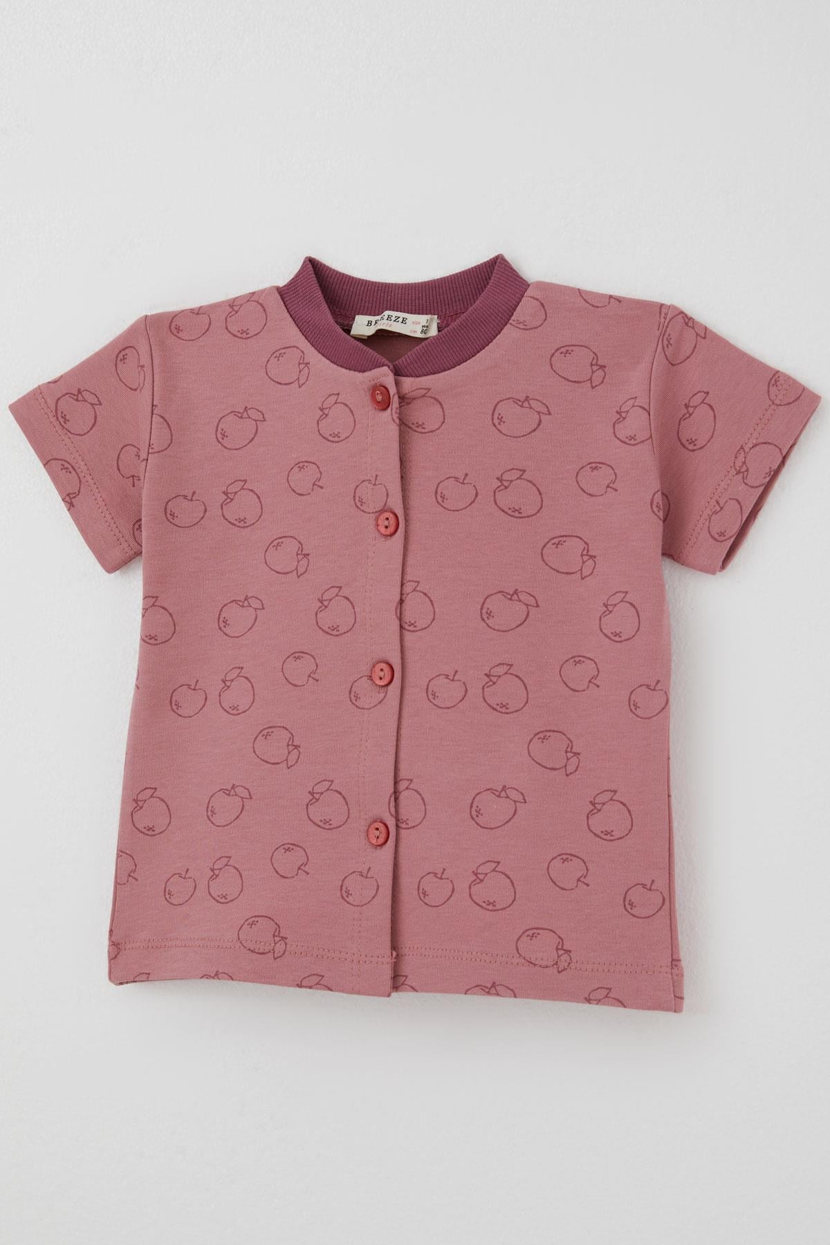 Breeze Kız Bebek Pijama Takımı Elma Desenli Önden Düğmeli Gülkurusu (4 Ay - 1 Yaş)