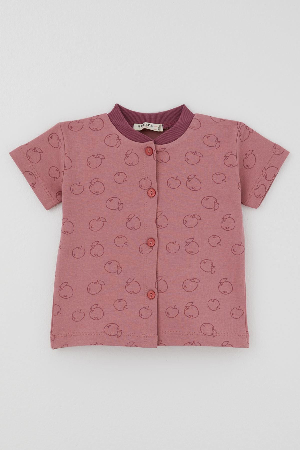 Breeze Kız Bebek Pijama Takımı Elma Desenli Önden Düğmeli Gülkurusu (4 Ay - 1 Yaş)