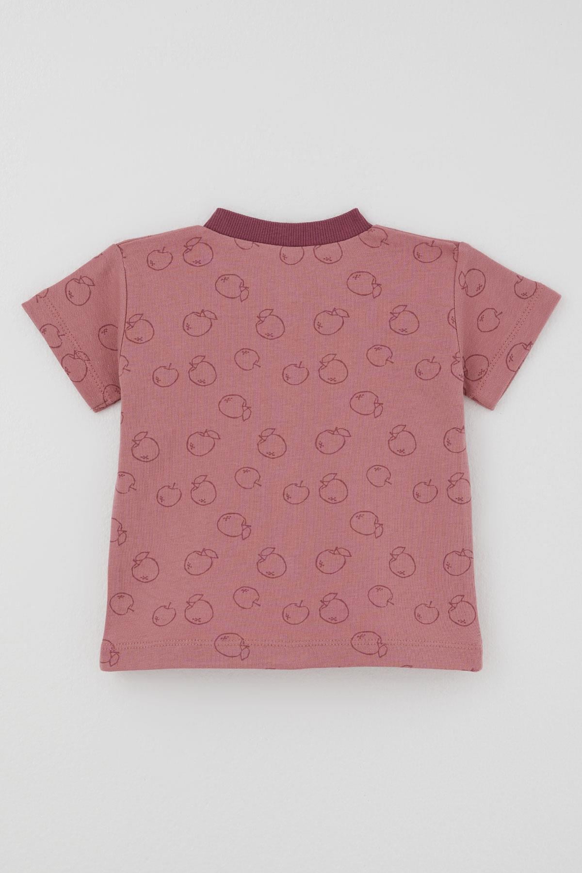 Breeze Kız Bebek Pijama Takımı Elma Desenli Önden Düğmeli Gülkurusu (4 Ay - 1 Yaş)