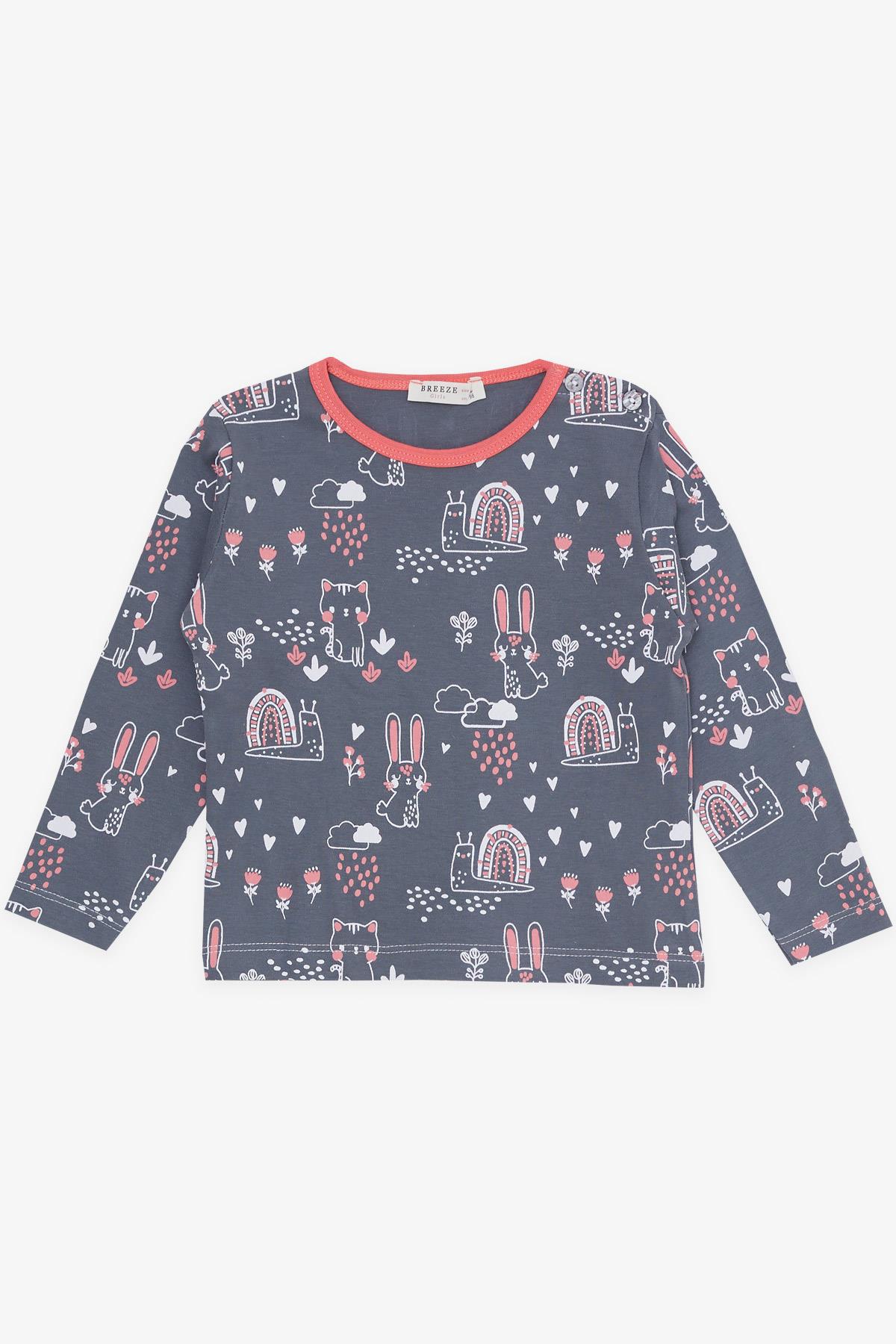 Breeze Kız Bebek Pijama Takımı Hayvancık Desenli Doğa Temalı Füme (9 Ay-3 Yaş)