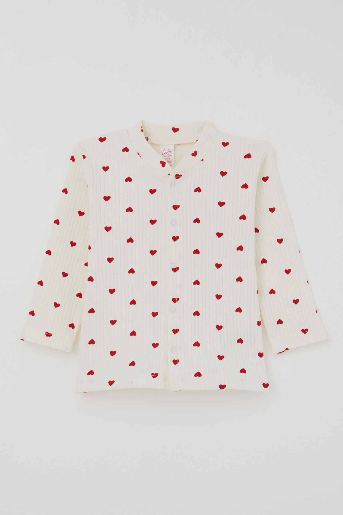 Breeze Kız Bebek Pijama Takımı Kalp Desenli Önden Çıtçıtlı Krem (4 Ay - 1 Yaş)