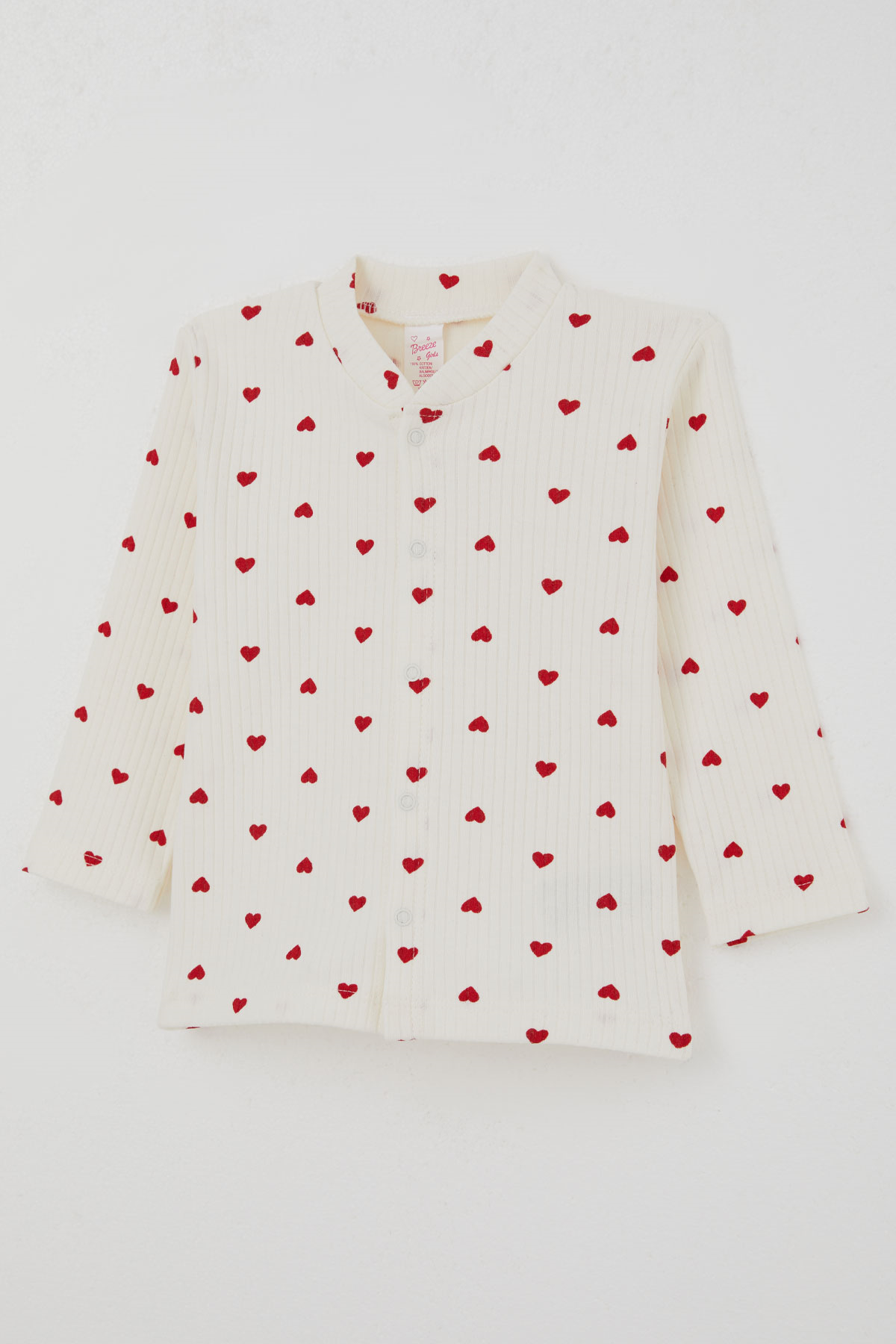 Breeze Kız Bebek Pijama Takımı Kalp Desenli Önden Çıtçıtlı Krem (4 Ay - 1 Yaş)