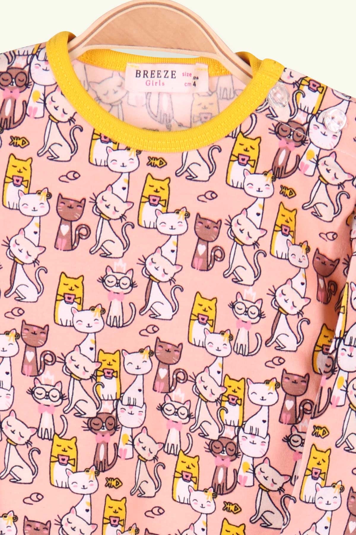 Breeze Kız Bebek Pijama Takımı Kedi Desenli Somon (9 Ay-3 Yaş)