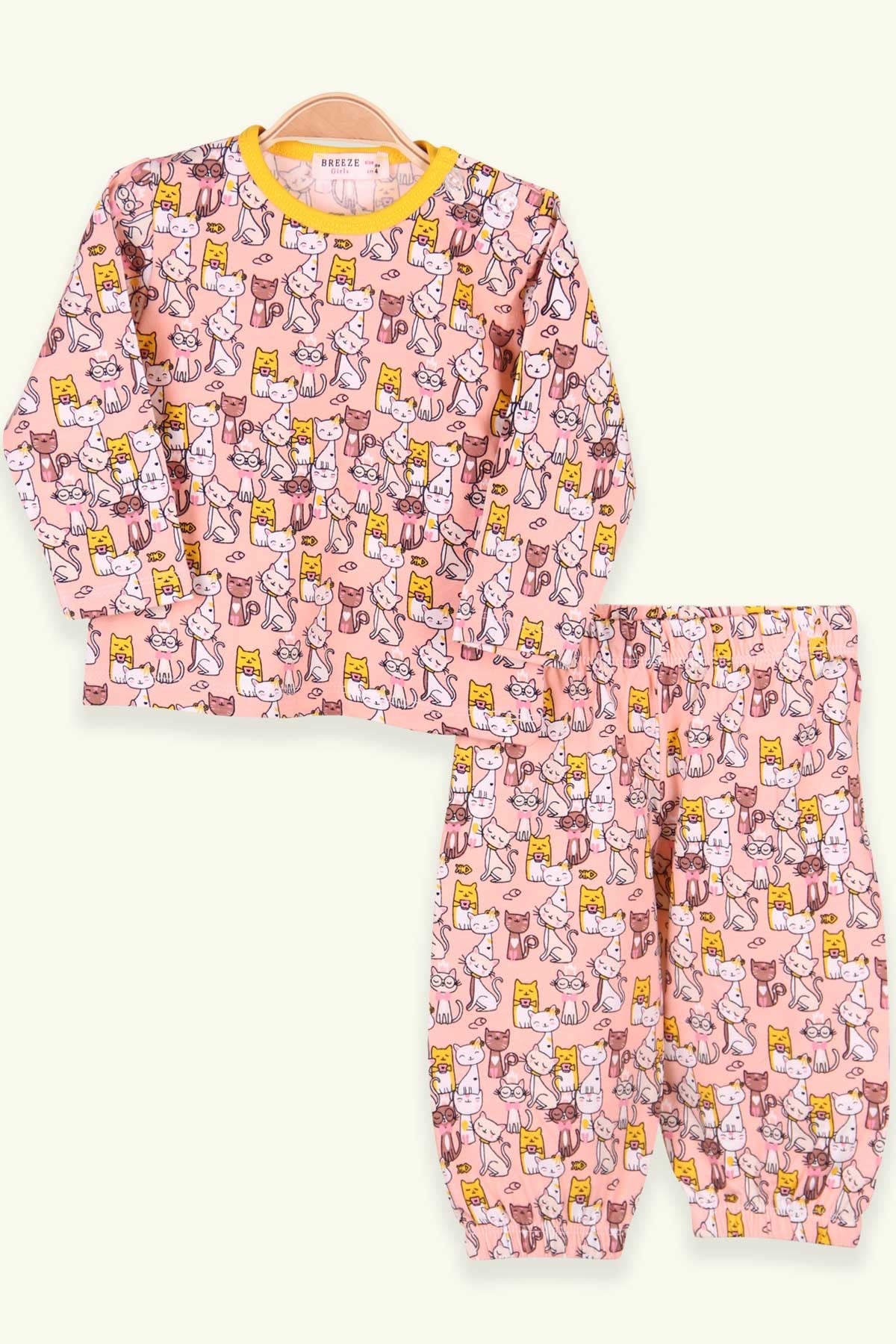 Breeze Kız Bebek Pijama Takımı Kedi Desenli Somon (9 Ay-3 Yaş)