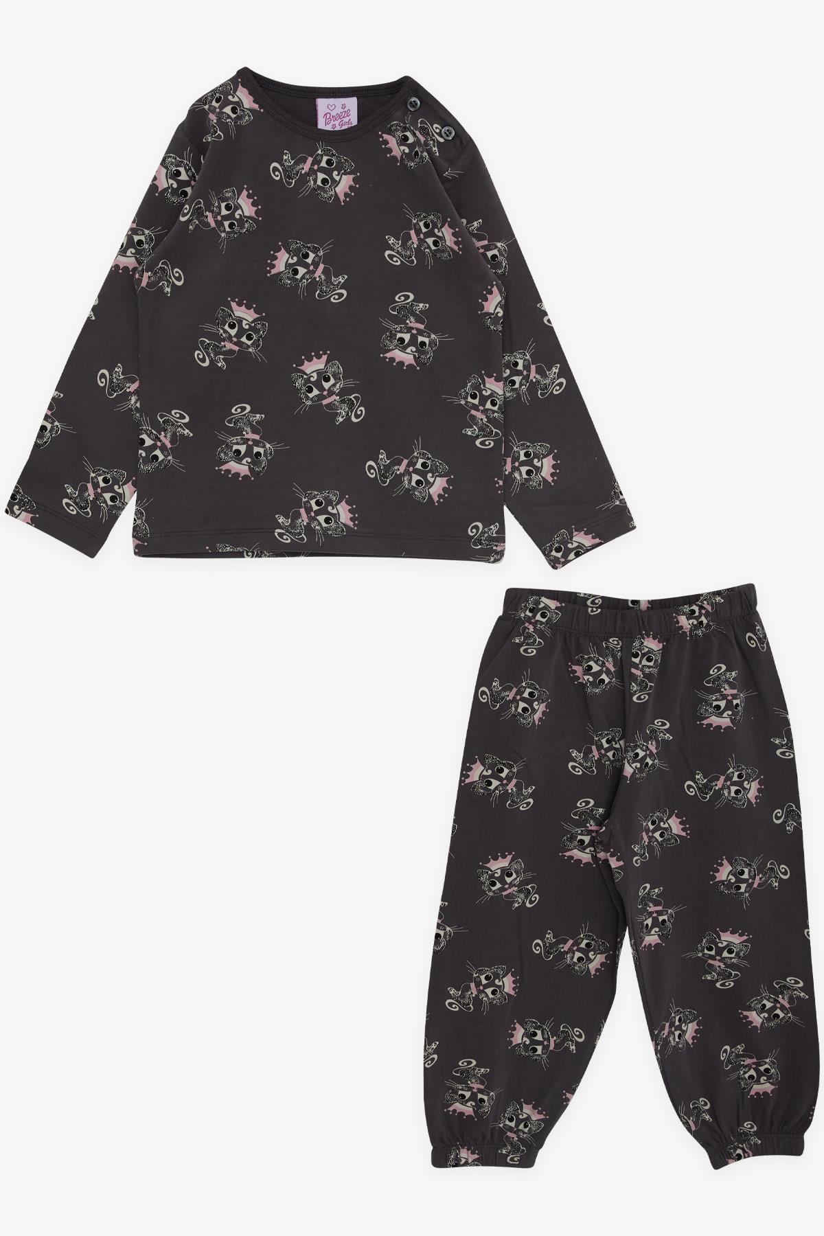 Breeze Kız Bebek Pijama Takımı Kraliçe Kedicik Desenli Füme (9 Ay-3 Yaş)