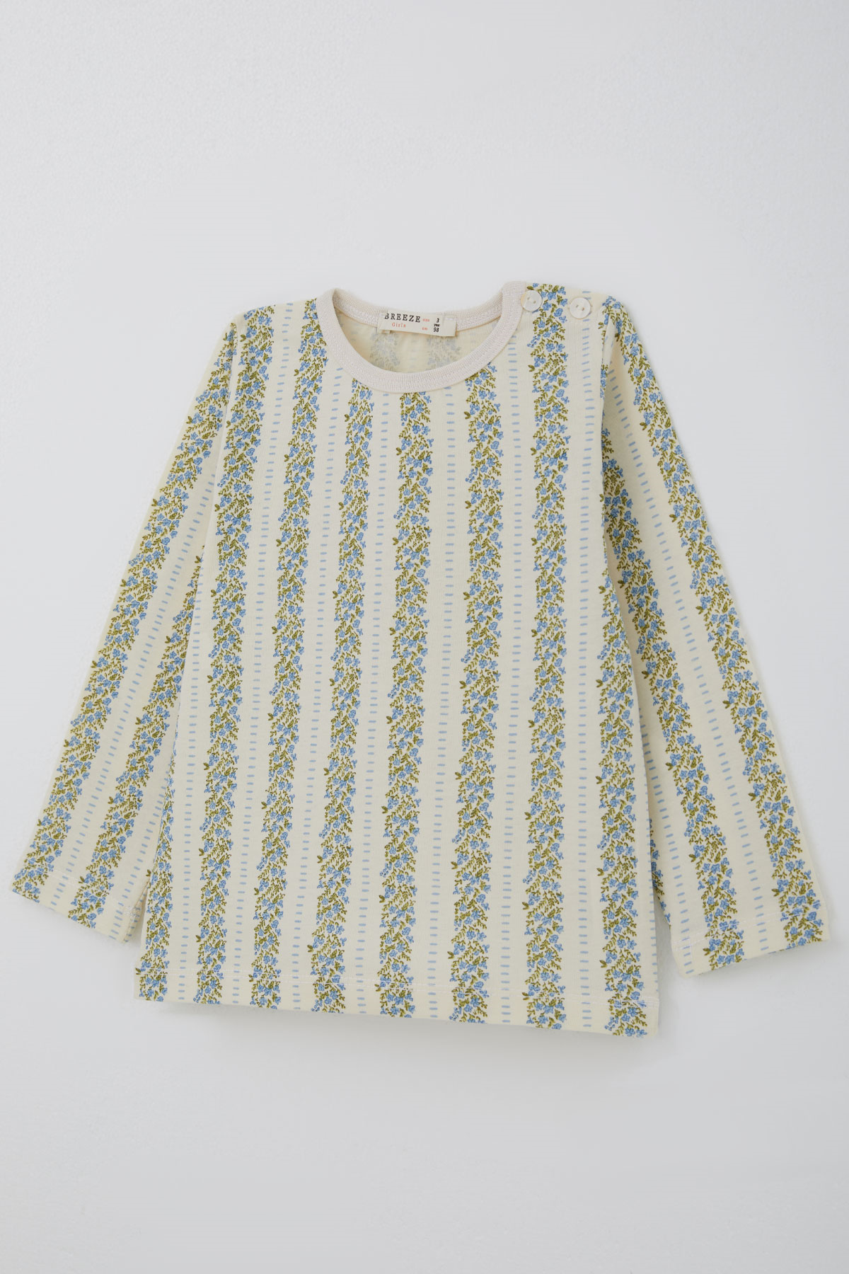 Breeze Kız Bebek Pijama Takımı Mavi Floral Çiçek Desenli Şeritli Ekru (9 Ay-3 Yaş)