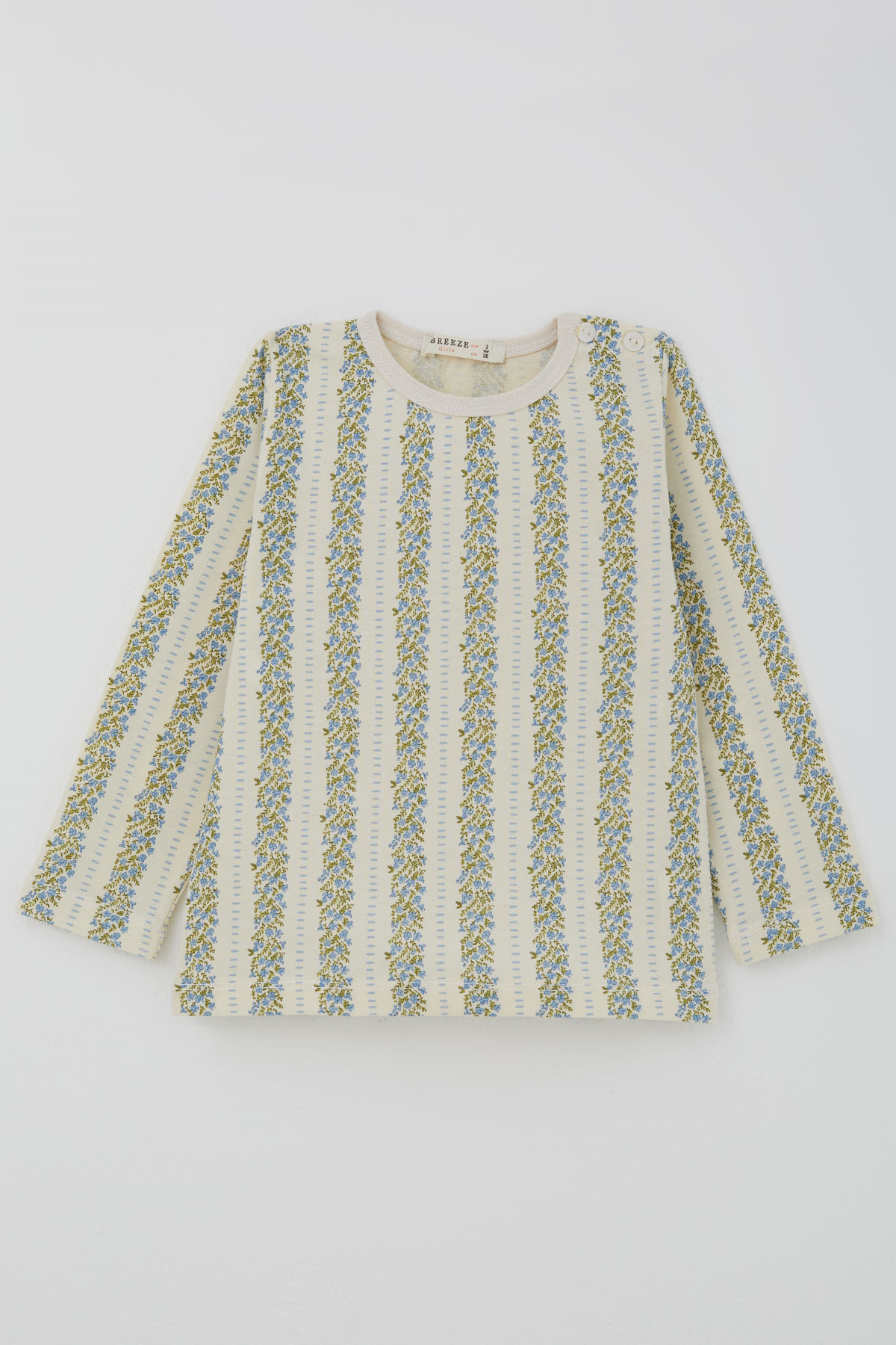 Breeze Kız Bebek Pijama Takımı Mavi Floral Çiçek Desenli Şeritli Ekru (9 Ay-3 Yaş)