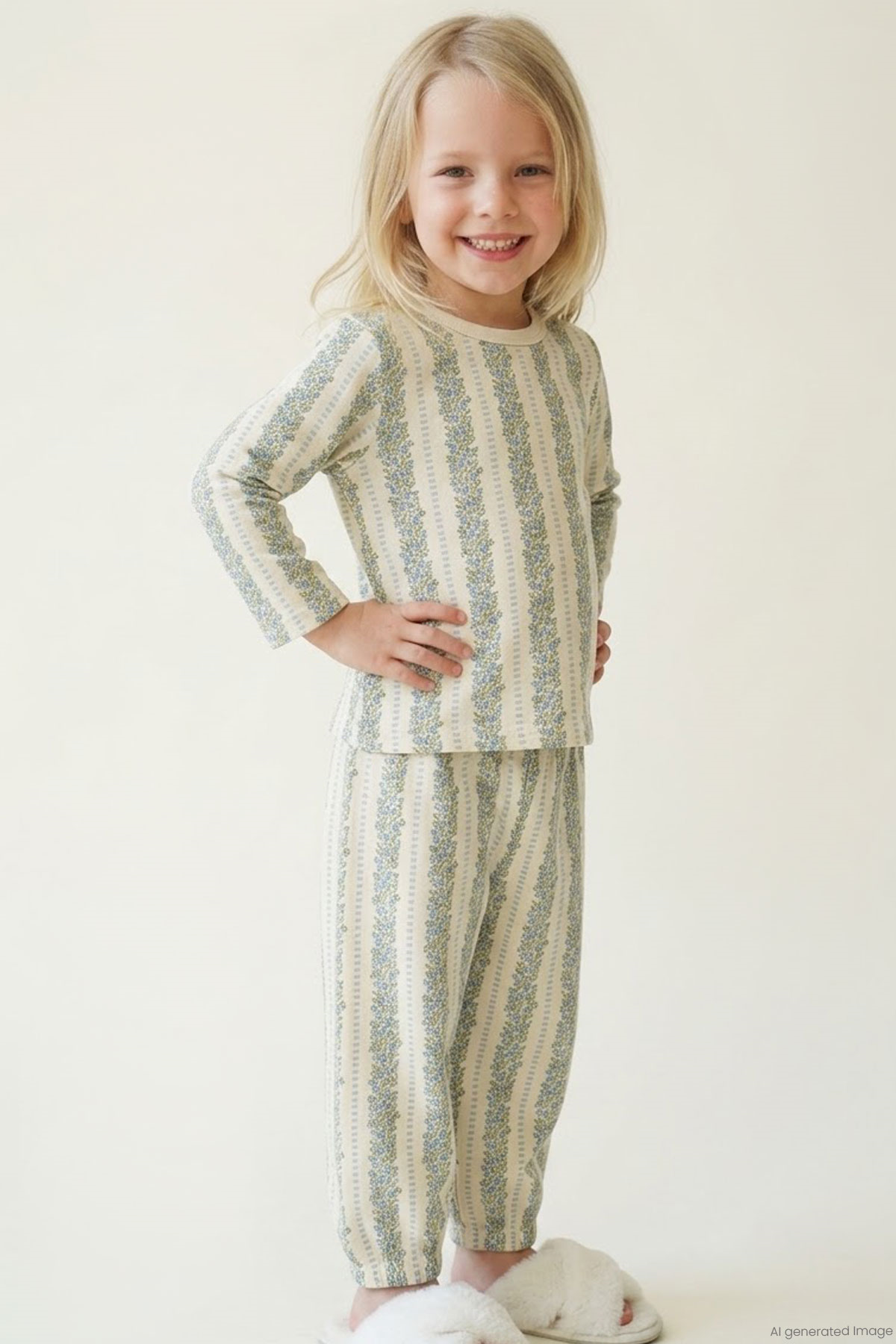 Breeze Kız Bebek Pijama Takımı Mavi Floral Çiçek Desenli Şeritli Ekru (9 Ay-3 Yaş)