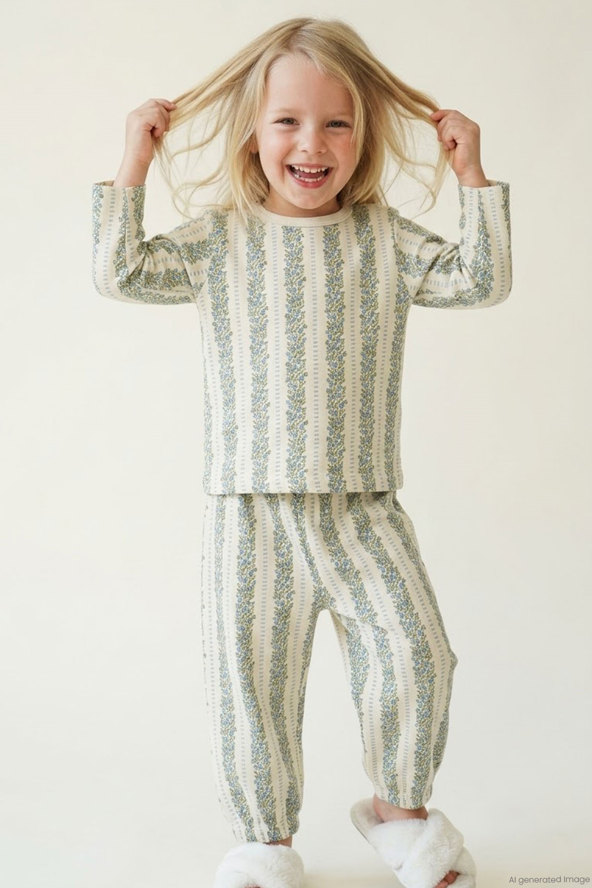 Breeze Kız Bebek Pijama Takımı Mavi Floral Çiçek Desenli Şeritli Ekru (9 Ay-3 Yaş)