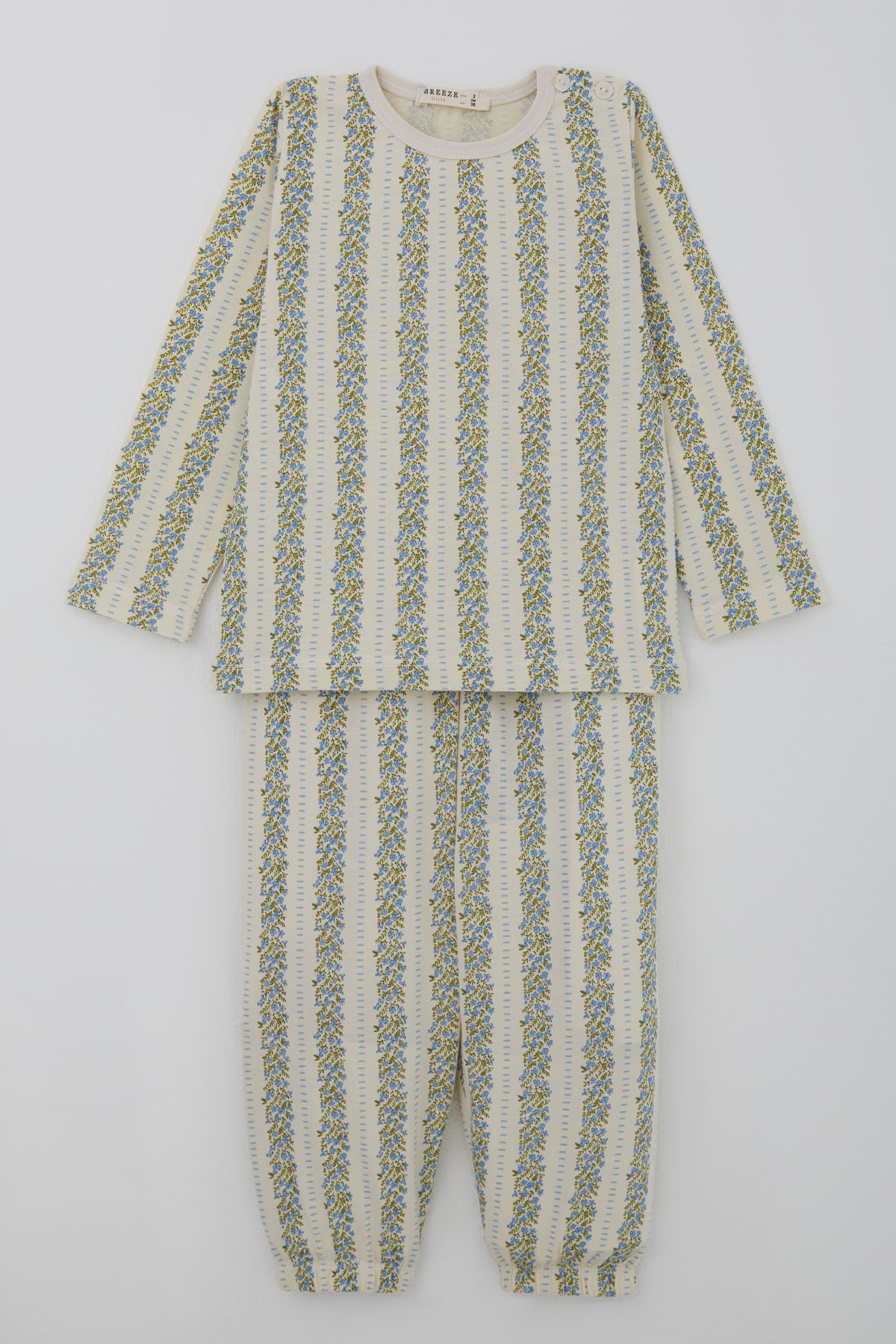 Breeze Kız Bebek Pijama Takımı Mavi Floral Çiçek Desenli Şeritli Ekru (9 Ay-3 Yaş)
