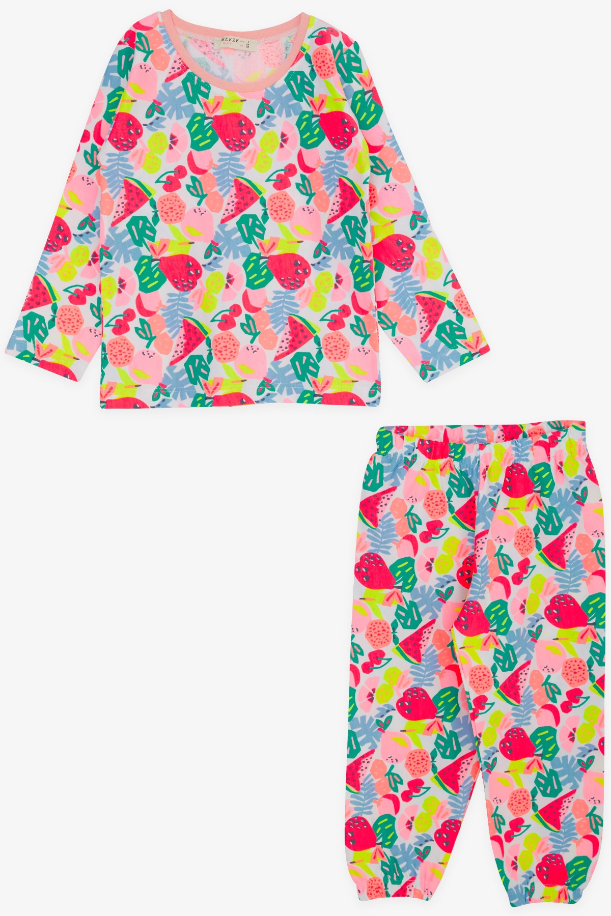 Breeze Kız Bebek Pijama Takımı Meyve Desenli Neon Pembe (9 Ay-3 Yaş)