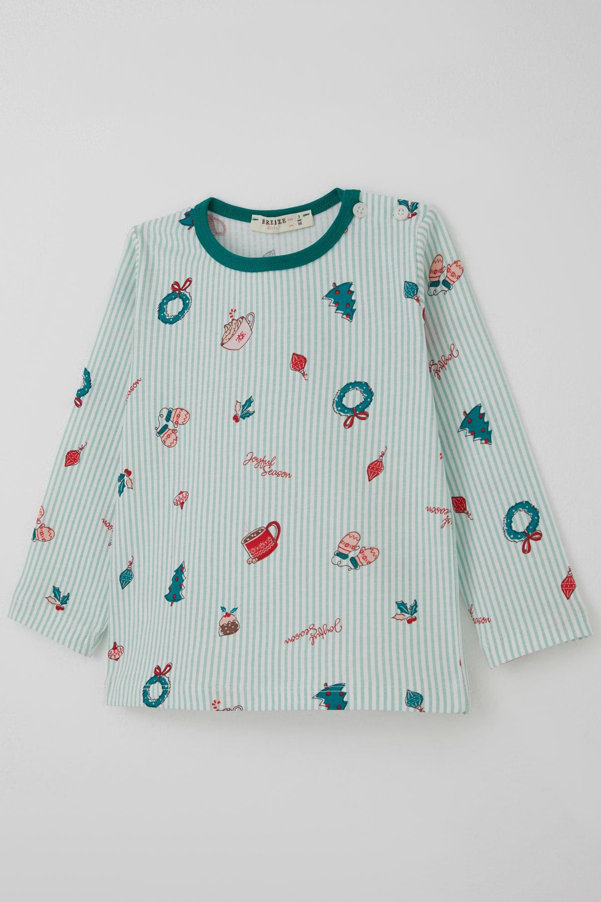 Breeze Kız Bebek Pijama Takımı Neşeli Sezon Yılbaşı Temalı Su Yeşili (9 Ay-3 Yaş)