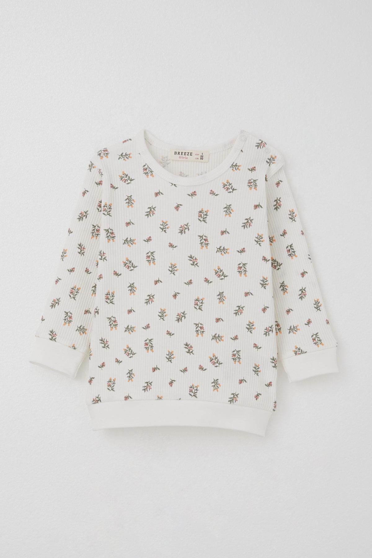 Breeze Kız Bebek Pijama Takımı Omuzdan Patlı Çiçek Desenli Ekru (4 Ay-1 Yaş)