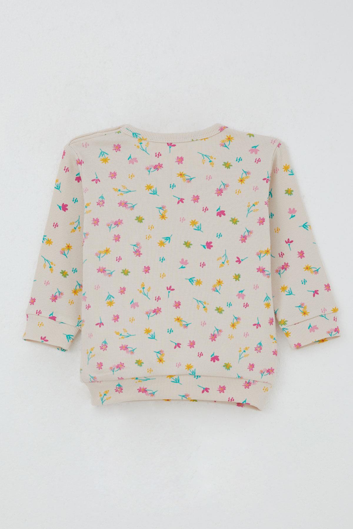 Breeze Kız Bebek Pijama Takımı Omuzdan Patlı Renkli Çiçek Desenli Krem (4 Ay-1 Yaş)