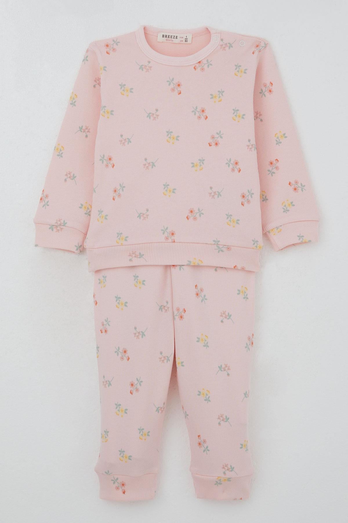 Breeze Kız Bebek Pijama Takımı Omuzdan Patlı Renkli Çiçek Desenli Pembe (4 Ay-1 Yaş)