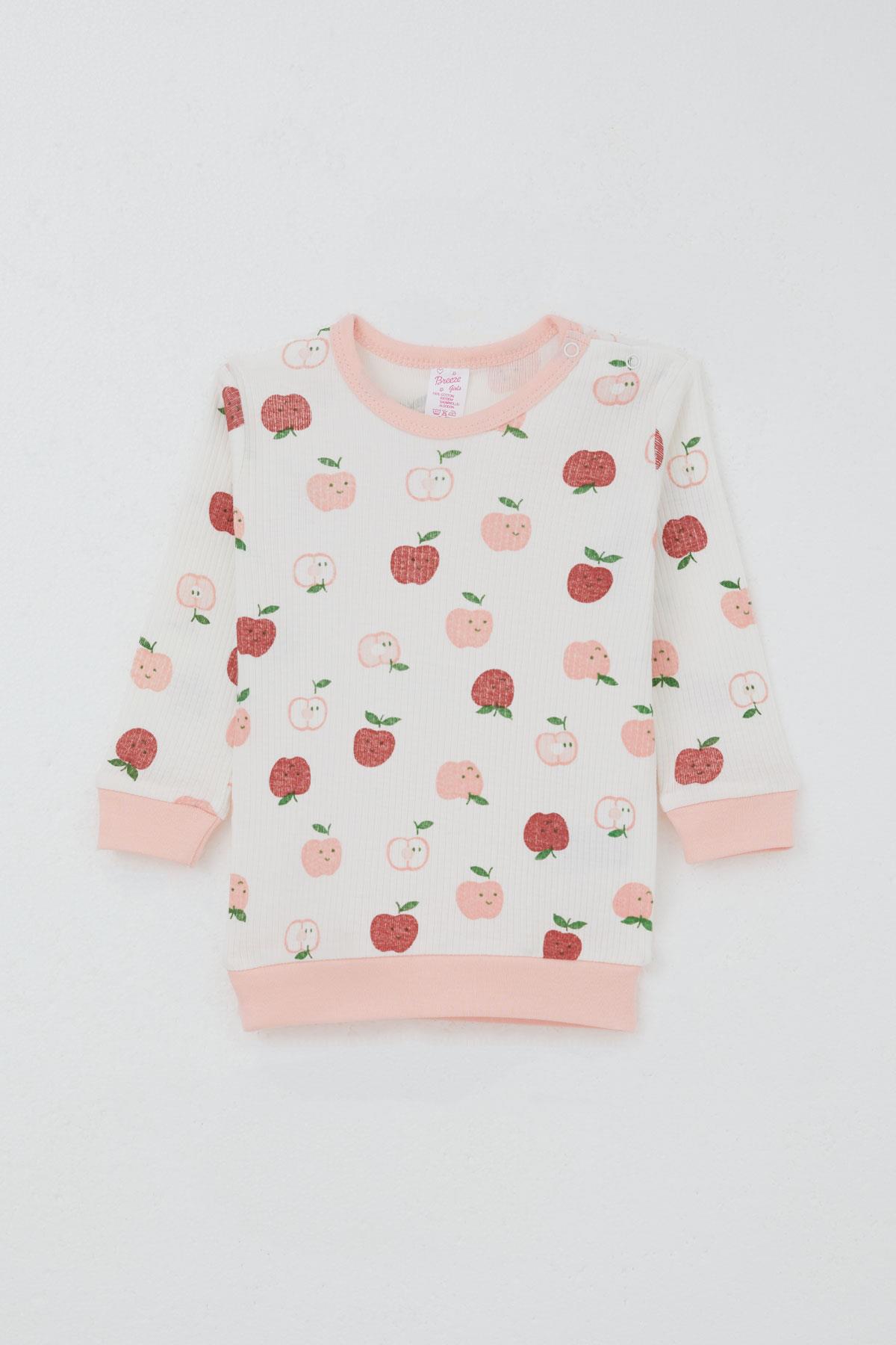 Breeze Kız Bebek Pijama Takımı Omuzdan Patlı Sevimli Minik Elma Desenli Ekru (4 Ay-1 Yaş)