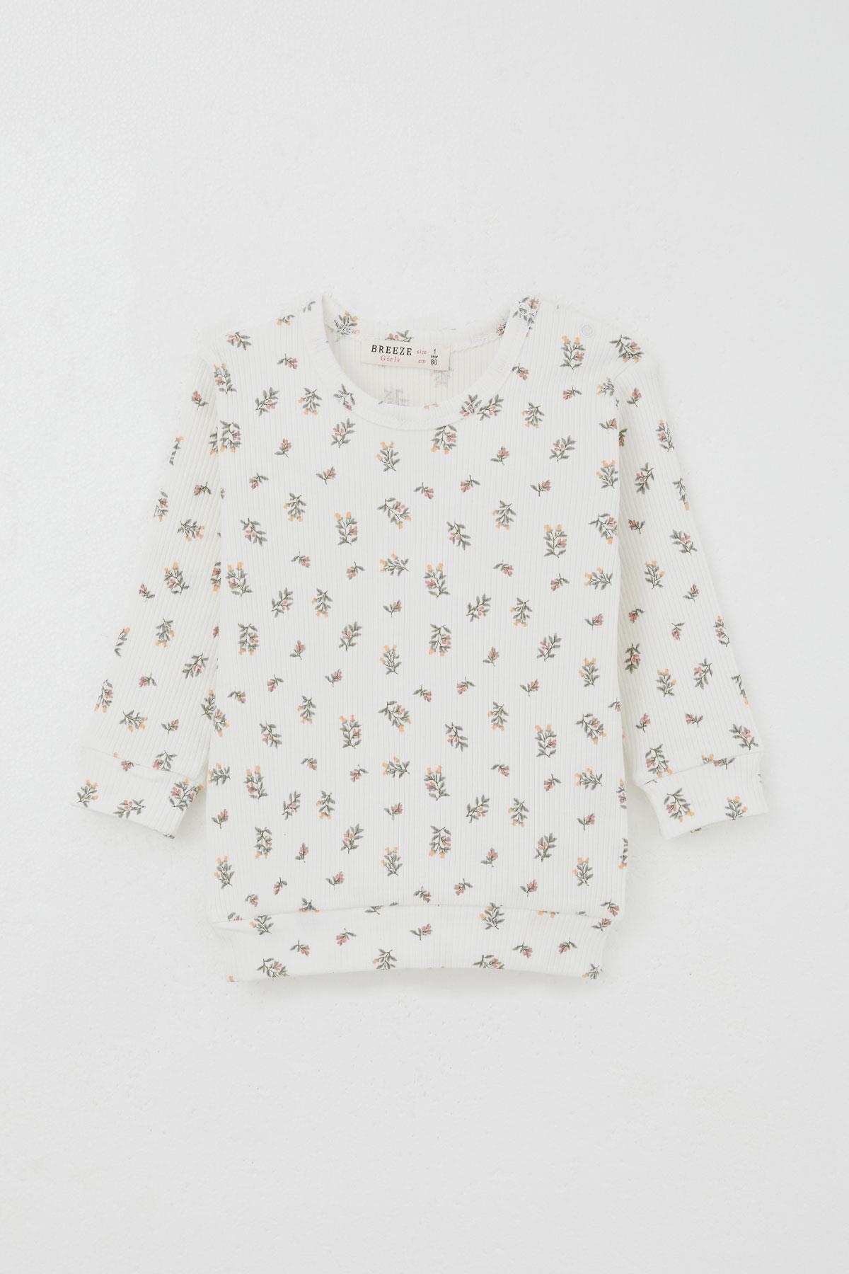 Breeze Kız Bebek Pijama Takımı Omuzdan Patlı Çiçek Desenli Ekru (4 Ay-1 Yaş)