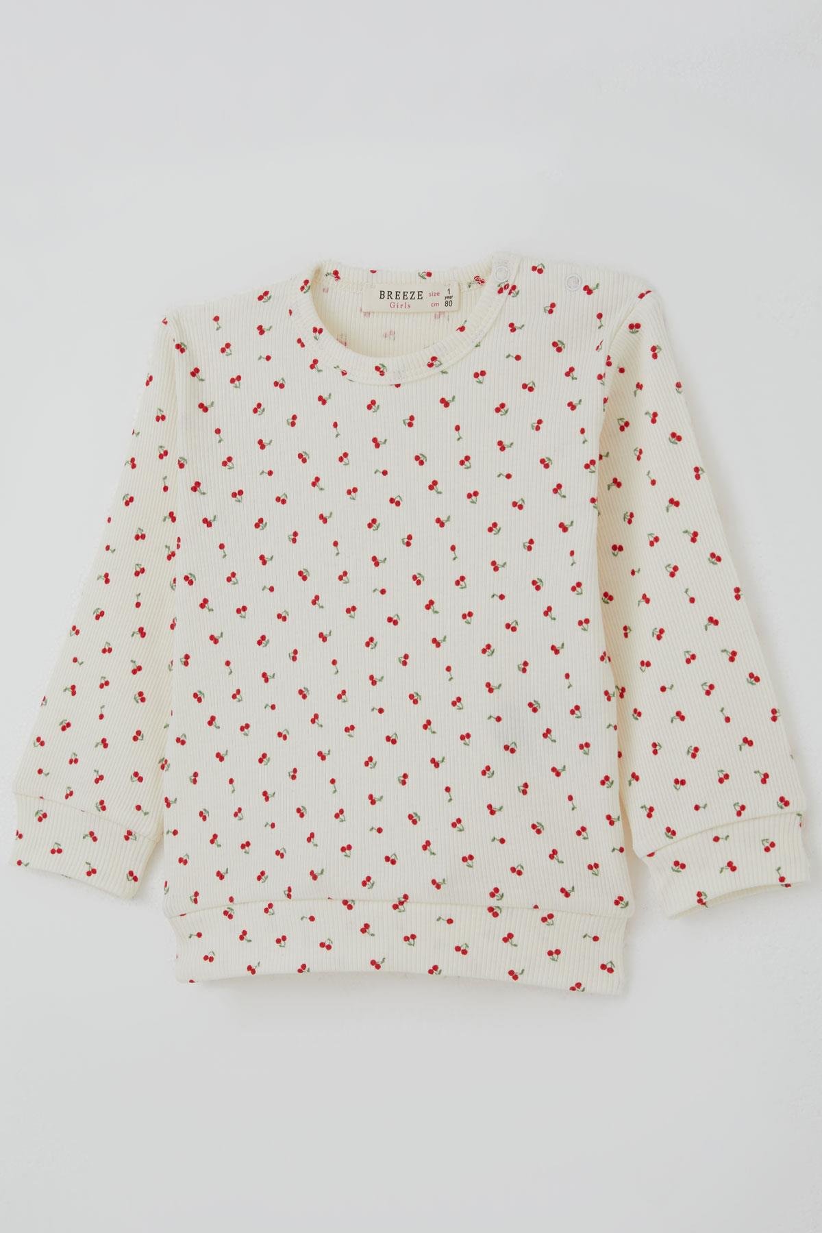 Breeze Kız Bebek Pijama Takımı Omuzdan Patlı Kiraz Desenli Krem (4 Ay-1 Yaş)
