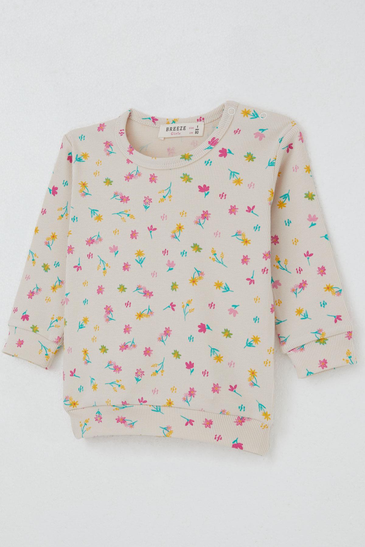 Breeze Kız Bebek Pijama Takımı Omuzdan Patlı Renkli Çiçek Desenli Krem (4 Ay-1 Yaş)