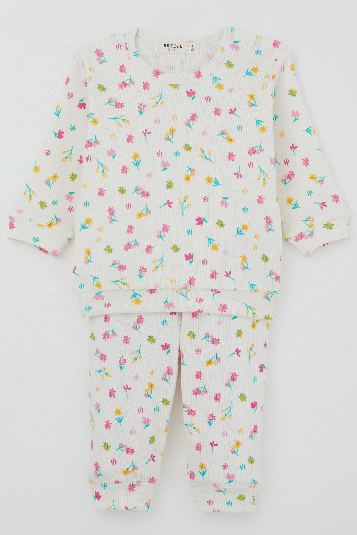 Breeze Kız Bebek Pijama Takımı Omuzdan Patlı Renkli Çiçek Desenli Ekru (4 Ay-1 Yaş)