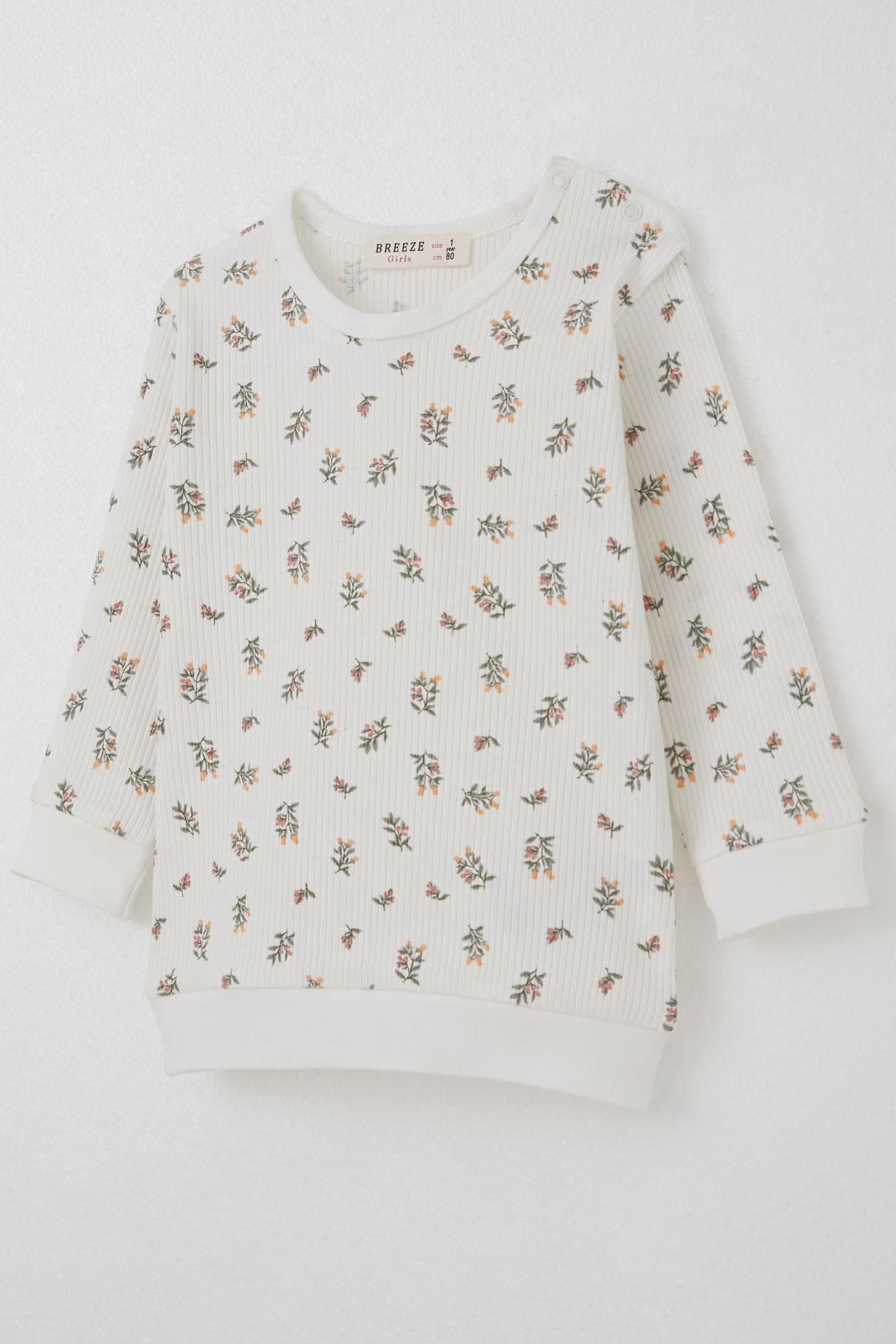 Breeze Kız Bebek Pijama Takımı Omuzdan Patlı Çiçek Desenli Ekru (4 Ay-1 Yaş)