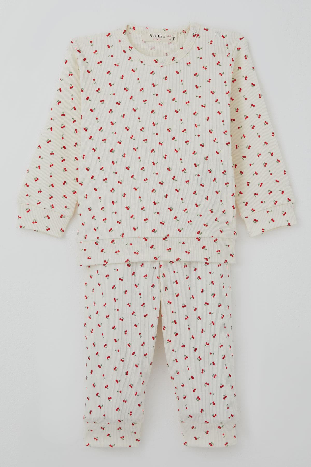 Breeze Kız Bebek Pijama Takımı Omuzdan Patlı Kiraz Desenli Krem (4 Ay-1 Yaş)