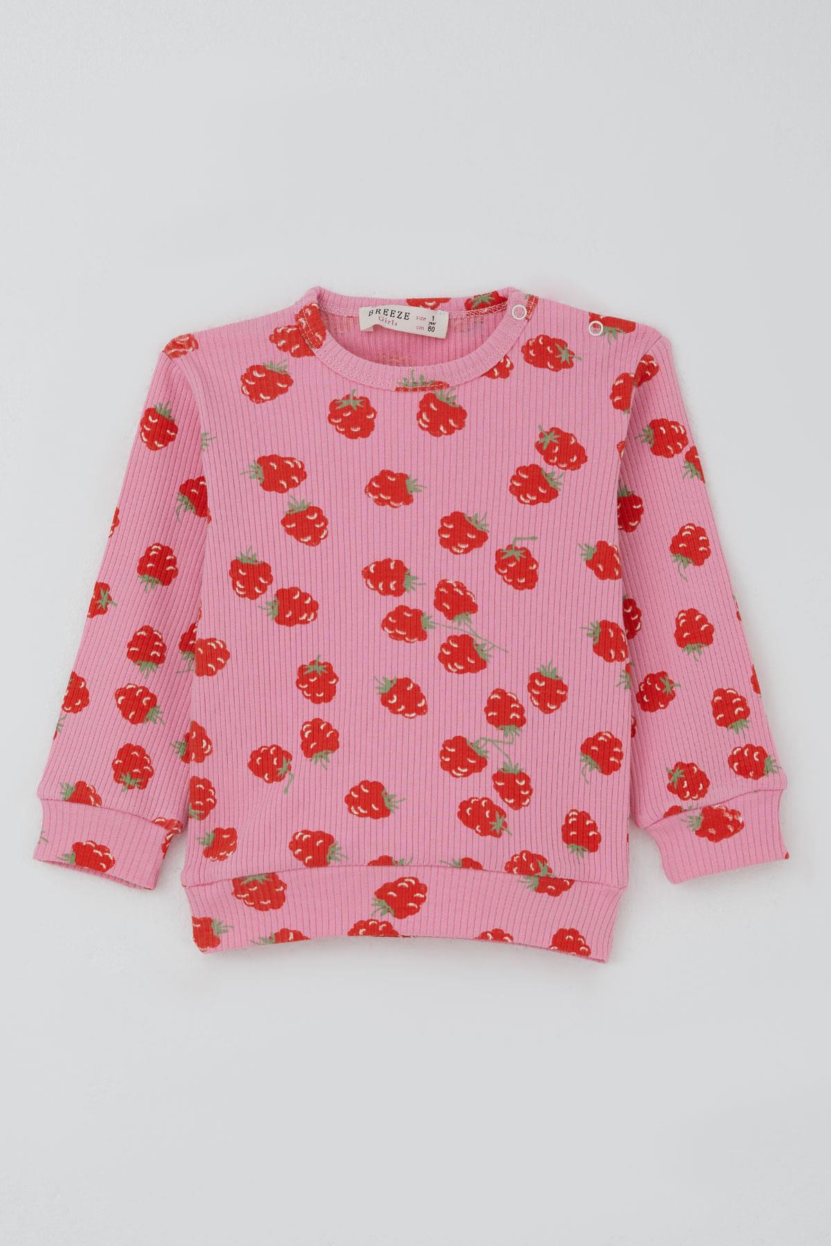 Breeze Kız Bebek Pijama Takımı Omuzdan Patlı Çilek Desenli Pembe (4 Ay-1 Yaş)