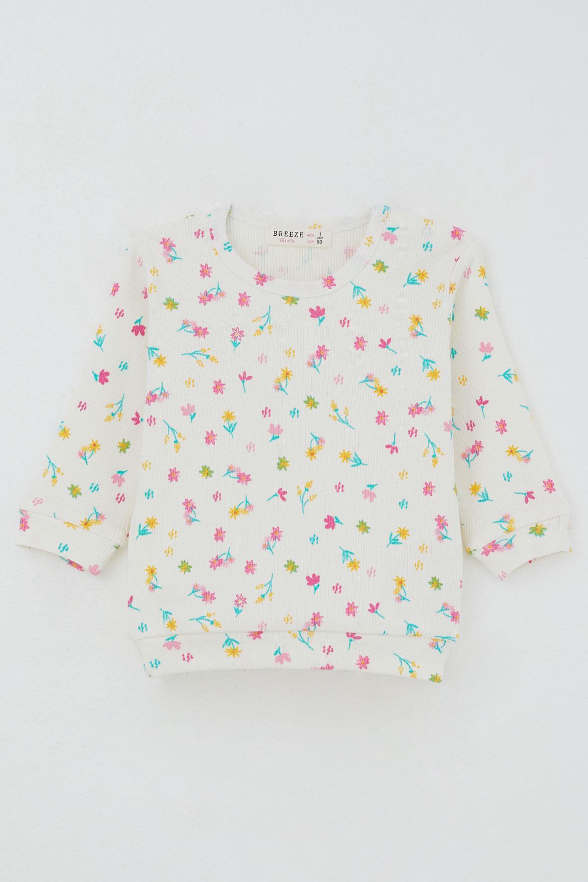 Breeze Kız Bebek Pijama Takımı Omuzdan Patlı Renkli Çiçek Desenli Ekru (4 Ay-1 Yaş)