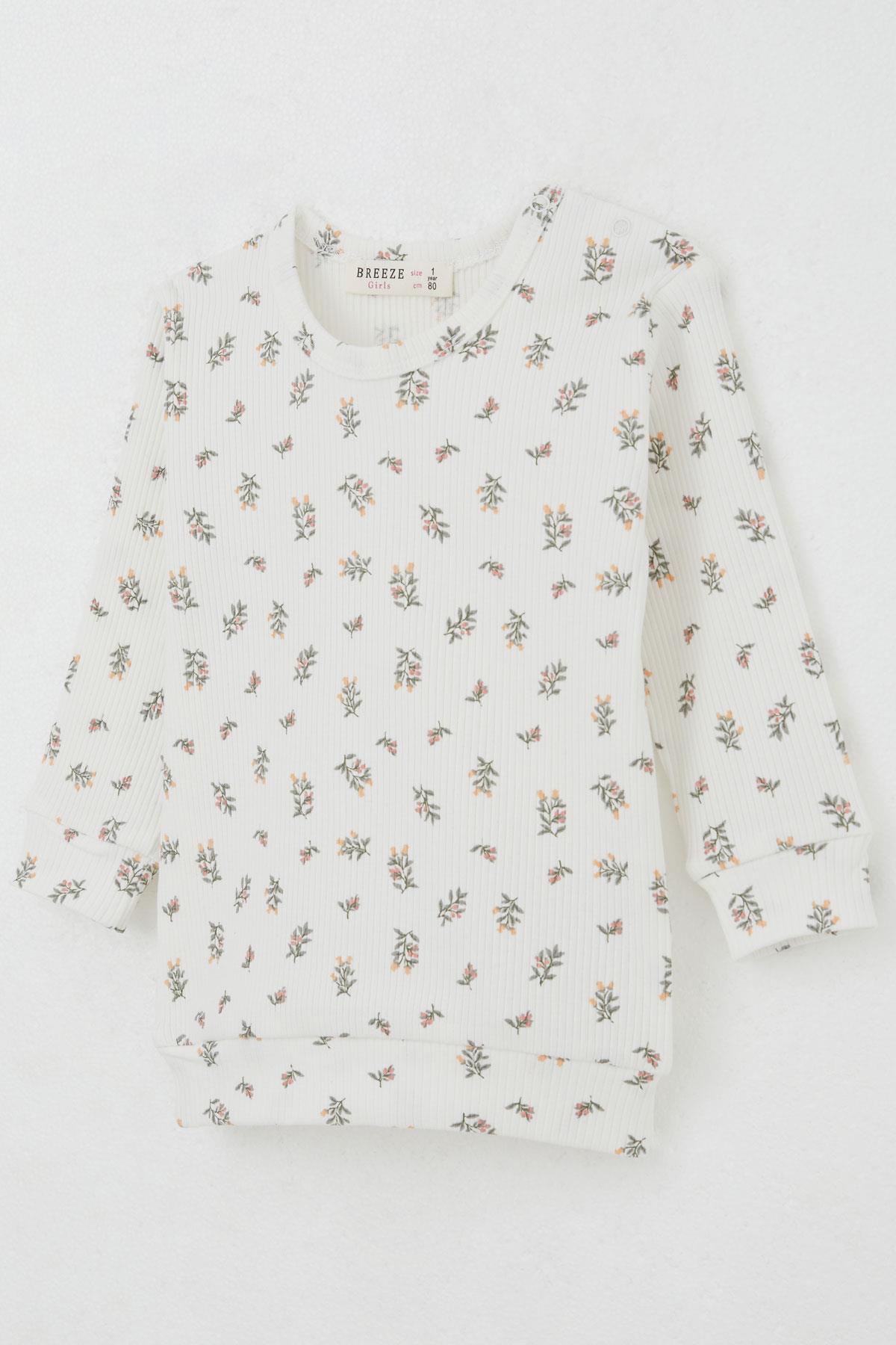 Breeze Kız Bebek Pijama Takımı Omuzdan Patlı Çiçek Desenli Ekru (4 Ay-1 Yaş)