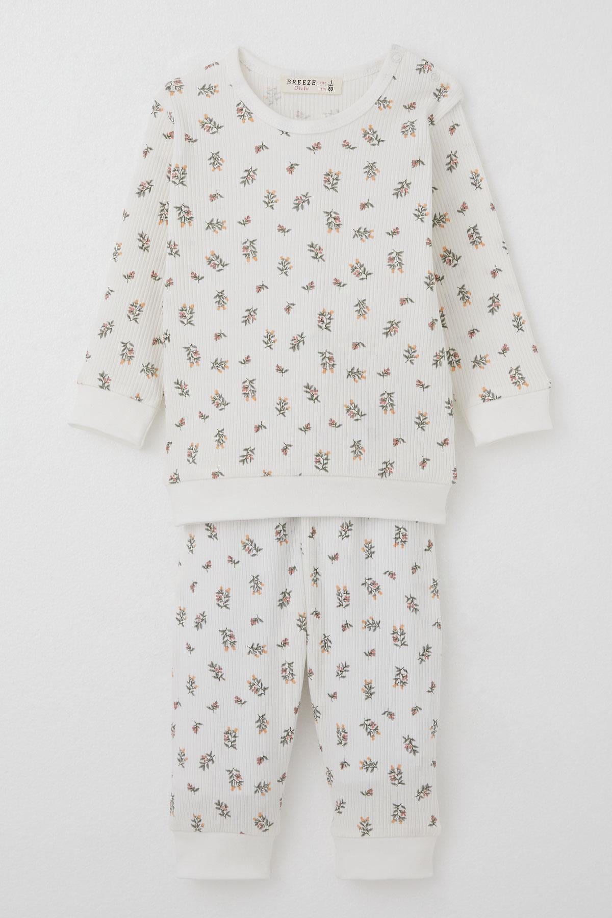 Breeze Kız Bebek Pijama Takımı Omuzdan Patlı Çiçek Desenli Ekru (4 Ay-1 Yaş)