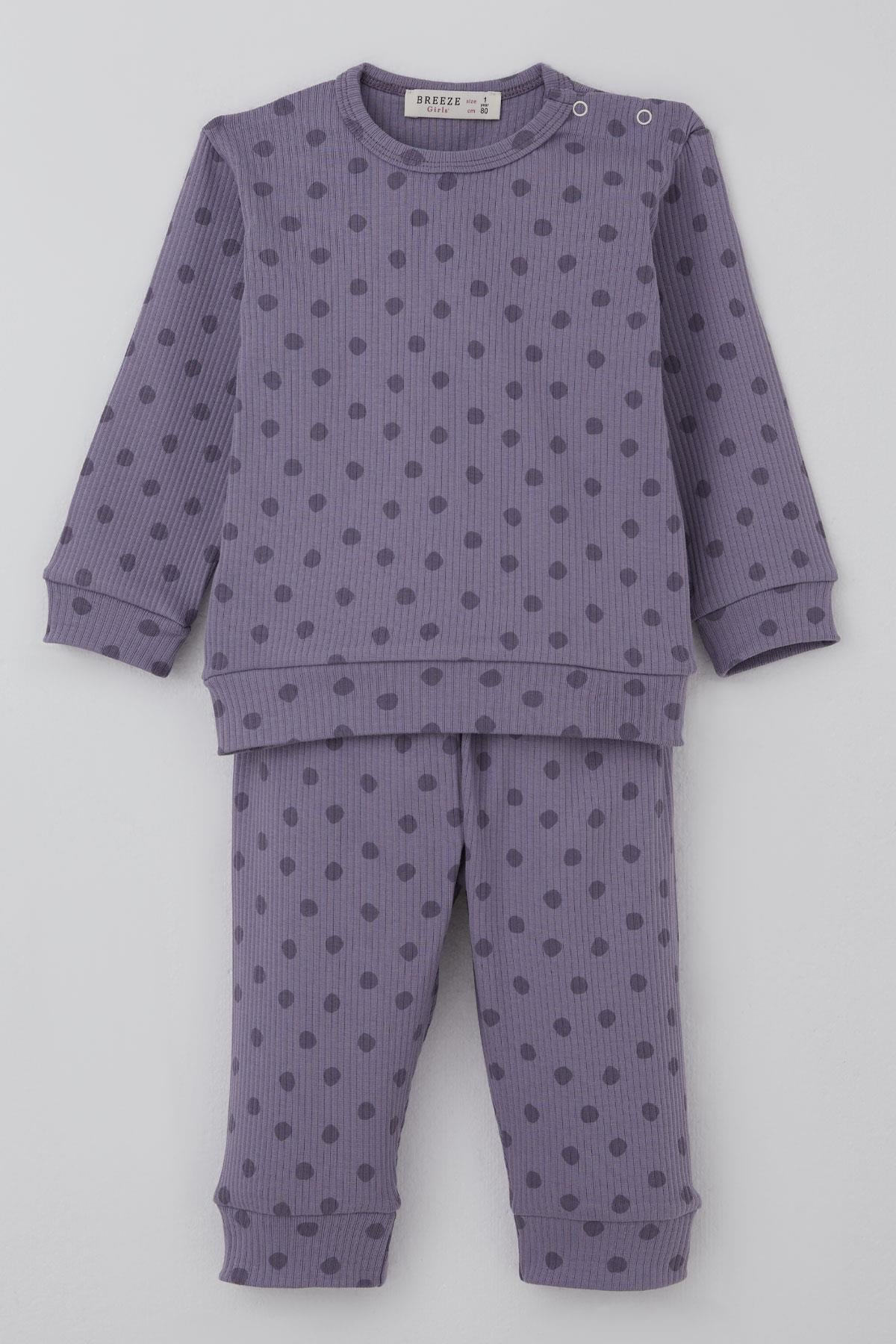 Breeze Kız Bebek Pijama Takımı Omuzdan Patlı Puantiye Desenli Lila (4-6 Ay)