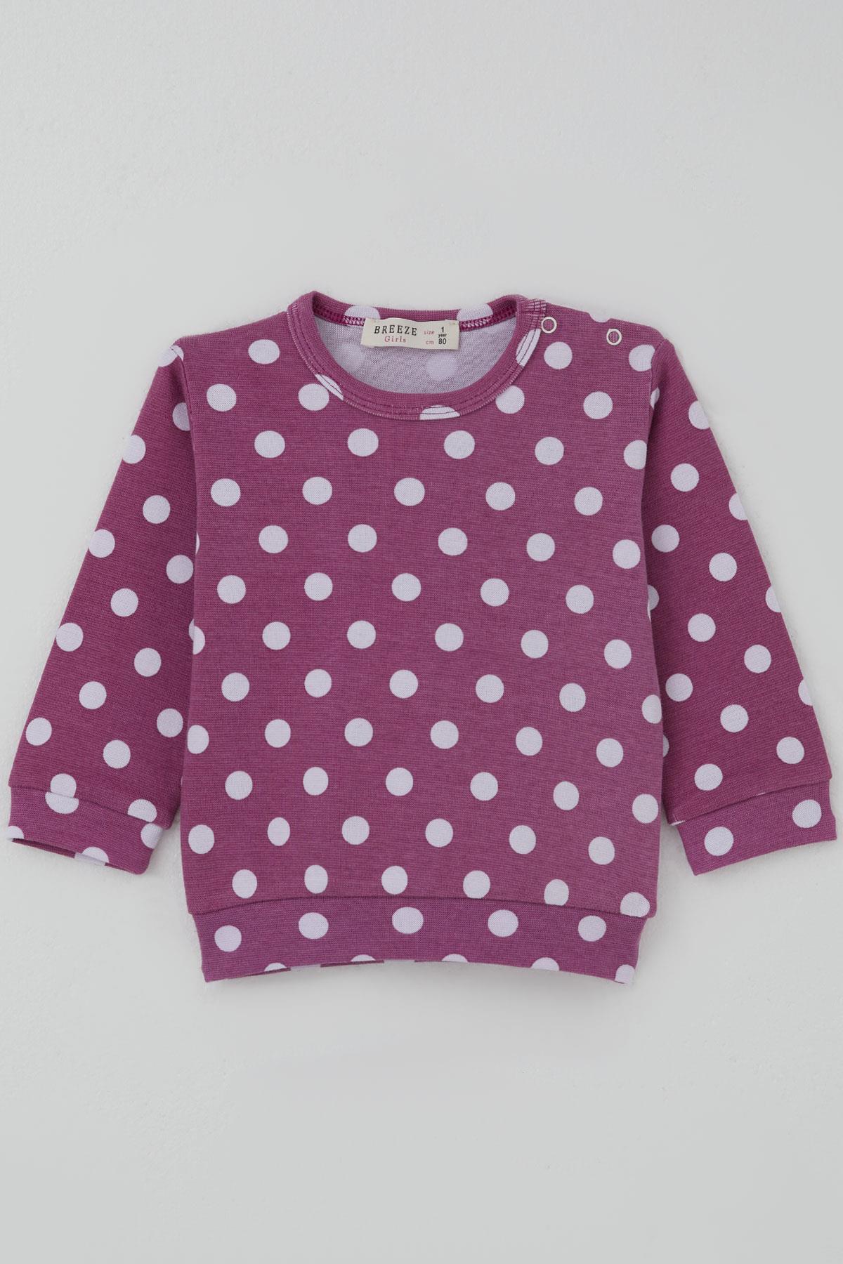 Breeze Kız Bebek Pijama Takımı Omuzdan Patlı Beyaz Puantiye Desenli Eflatun (4 Ay-1 Yaş)