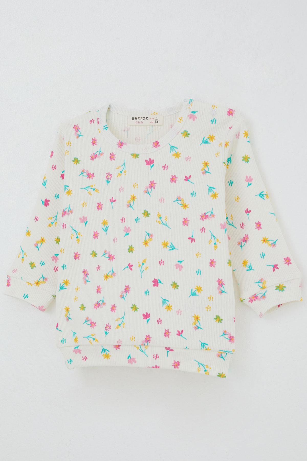 Breeze Kız Bebek Pijama Takımı Omuzdan Patlı Renkli Çiçek Desenli Ekru (4 Ay-1 Yaş)