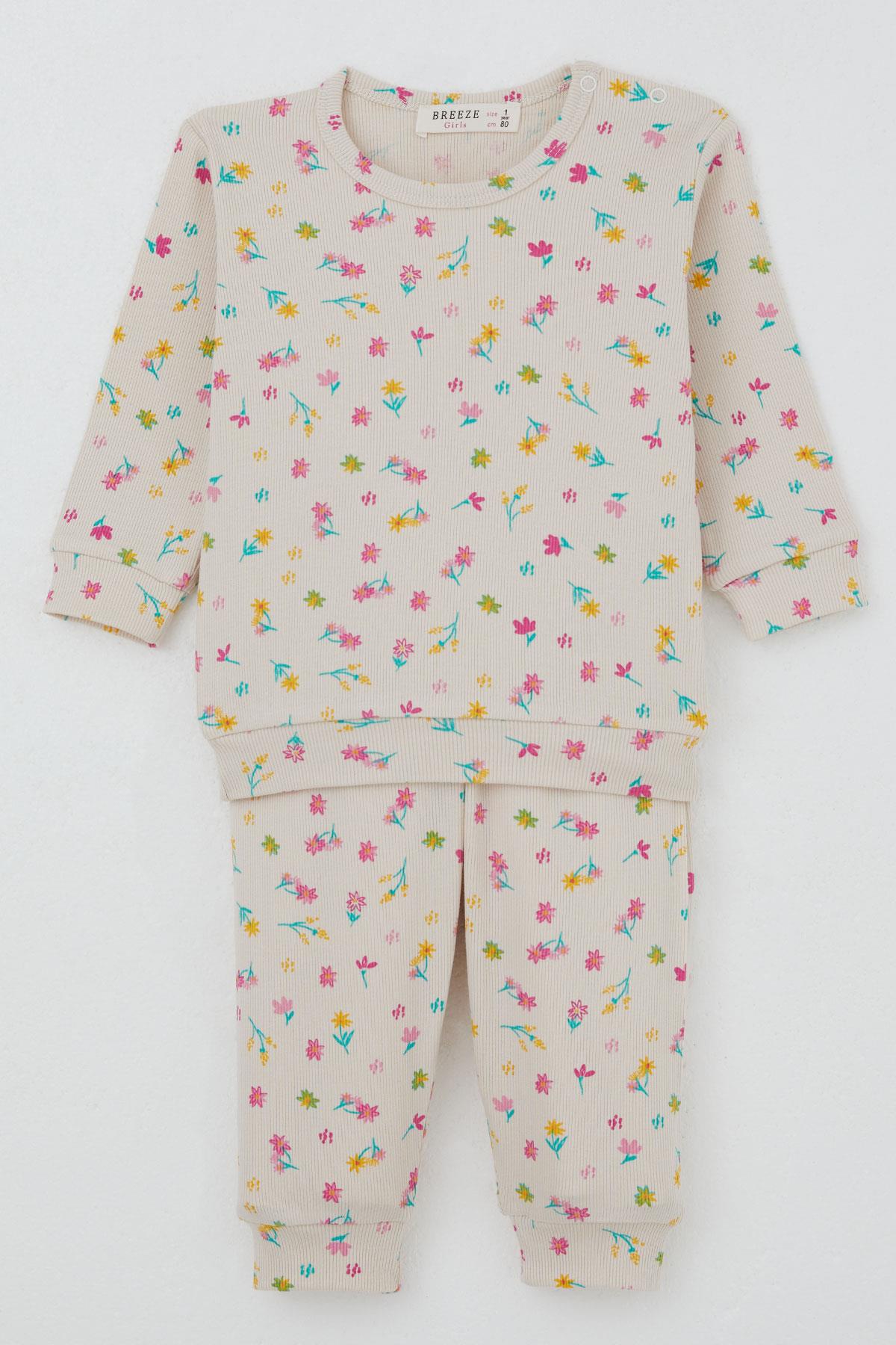 Breeze Kız Bebek Pijama Takımı Omuzdan Patlı Renkli Çiçek Desenli Krem (4 Ay-1 Yaş)