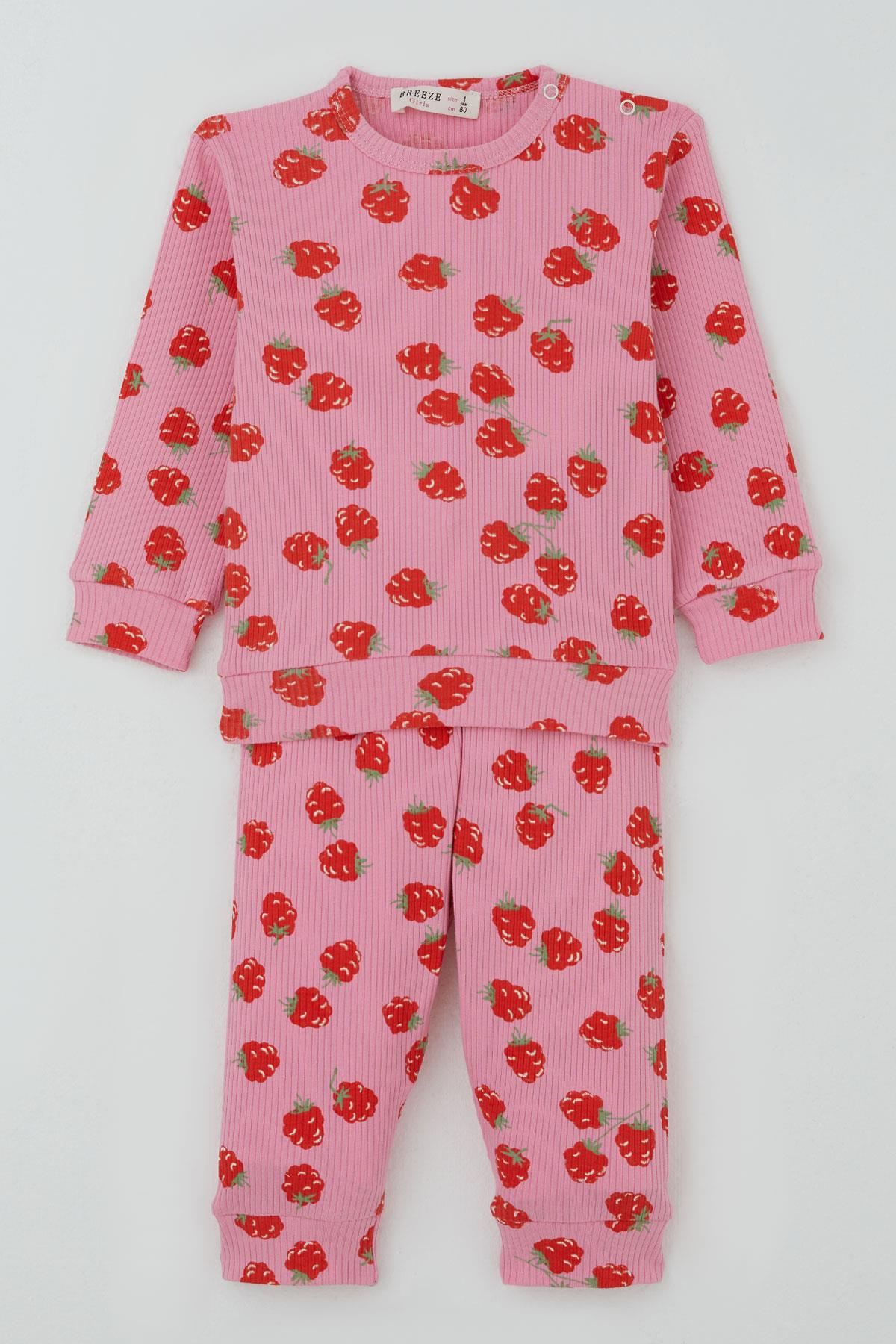 Breeze Kız Bebek Pijama Takımı Omuzdan Patlı Çilek Desenli Pembe (4 Ay-1 Yaş)