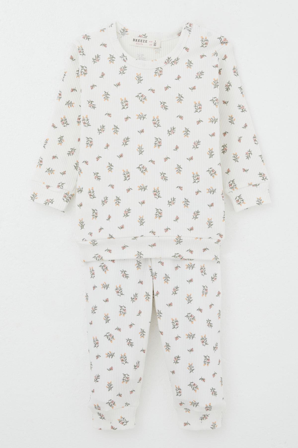 Breeze Kız Bebek Pijama Takımı Omuzdan Patlı Çiçek Desenli Ekru (4 Ay-1 Yaş)