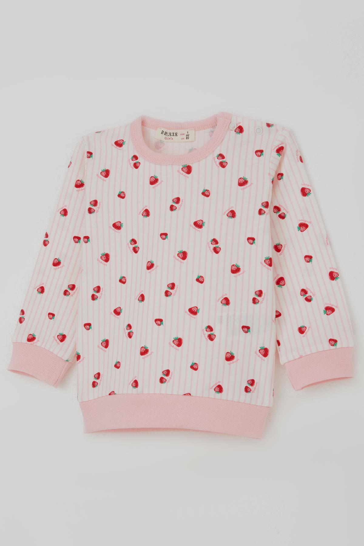 Breeze Kız Bebek Pijama Takımı Omuzdan Patlı Çilek Desenli Ekru (4 Ay-1 Yaş)