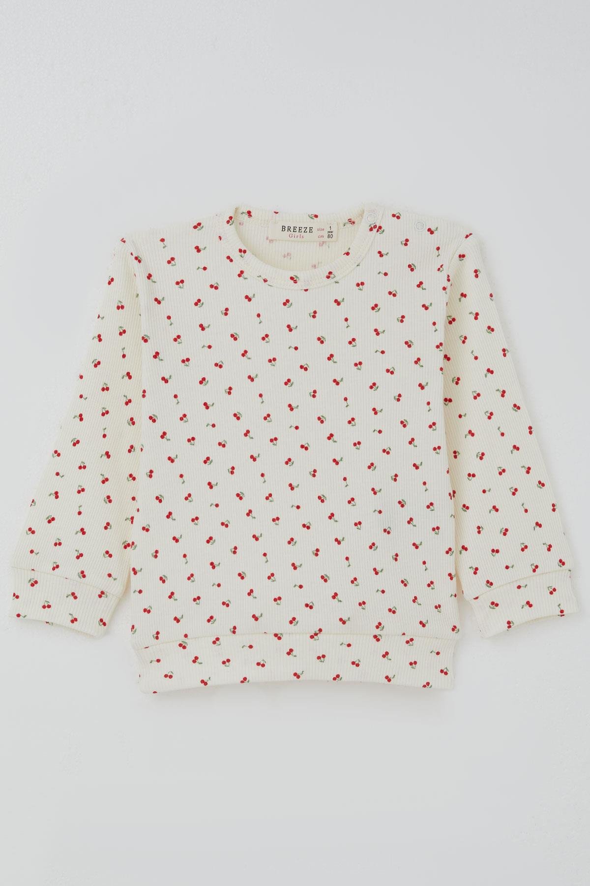 Breeze Kız Bebek Pijama Takımı Omuzdan Patlı Kiraz Desenli Krem (4 Ay-1 Yaş)