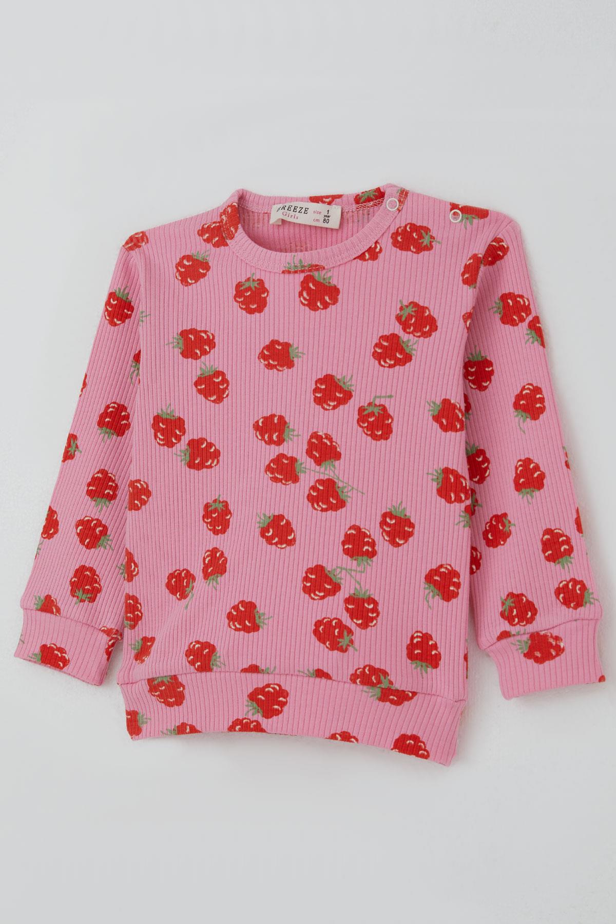 Breeze Kız Bebek Pijama Takımı Omuzdan Patlı Çilek Desenli Pembe (4 Ay-1 Yaş)