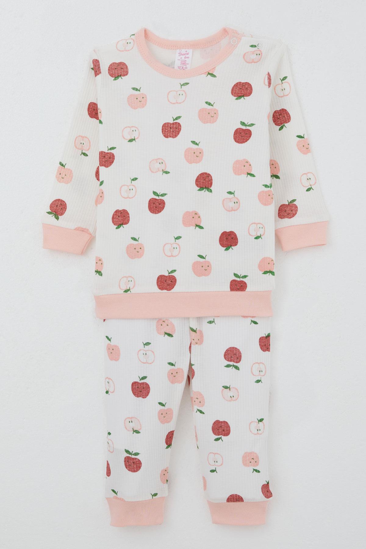Breeze Kız Bebek Pijama Takımı Omuzdan Patlı Sevimli Minik Elma Desenli Ekru (4 Ay-1 Yaş)