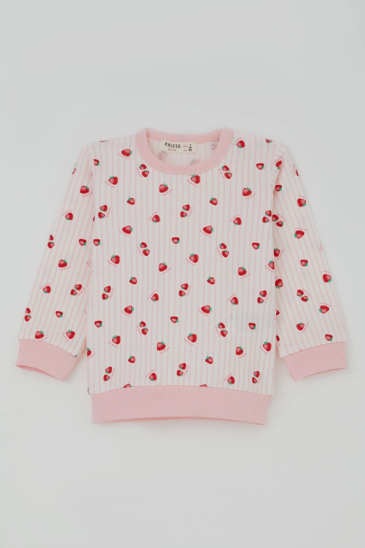 Breeze Kız Bebek Pijama Takımı Omuzdan Patlı Çilek Desenli Ekru (4 Ay-1 Yaş)
