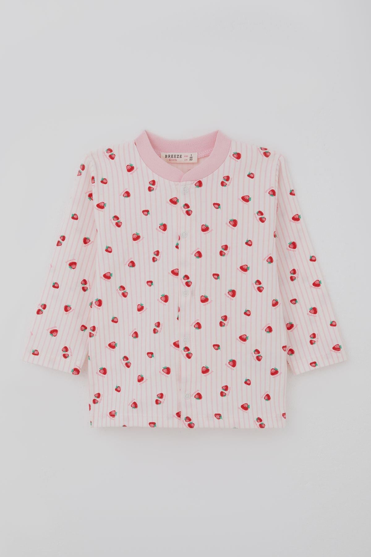 Breeze Kız Bebek Pijama Takımı Önden Çıtçıtlı Çilek Desenli Ekru (4 Ay-1 Yaş)