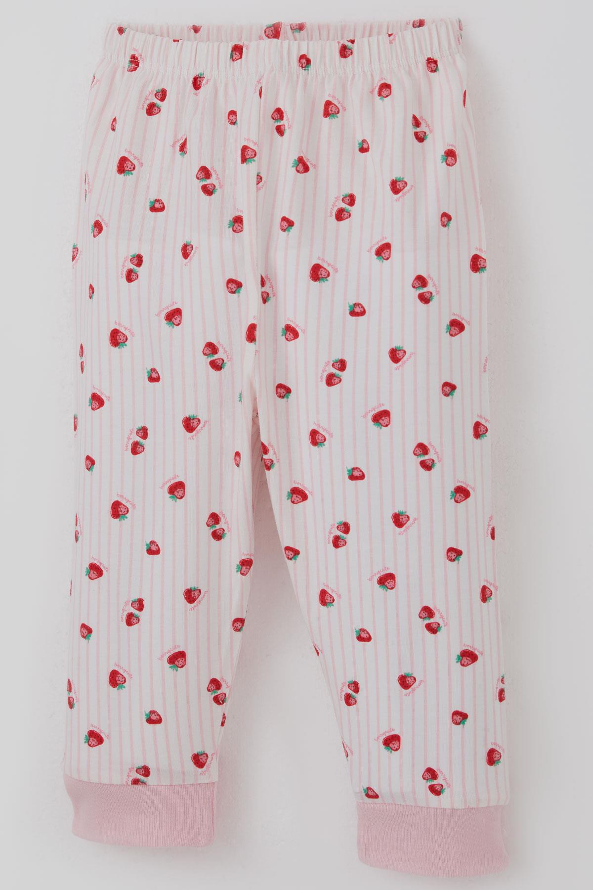 Breeze Kız Bebek Pijama Takımı Önden Çıtçıtlı Çilek Desenli Ekru (4 Ay-1 Yaş)