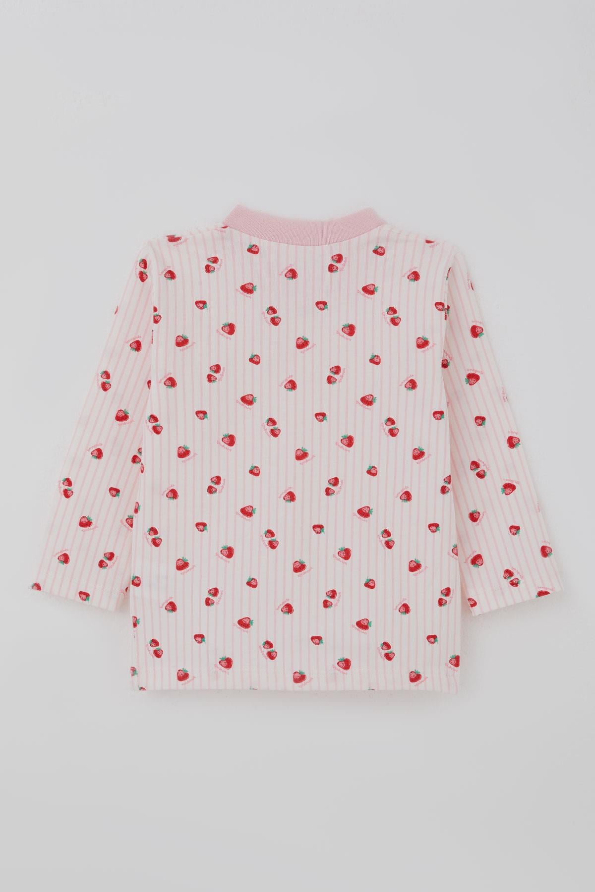 Breeze Kız Bebek Pijama Takımı Önden Çıtçıtlı Çilek Desenli Ekru (4 Ay-1 Yaş)
